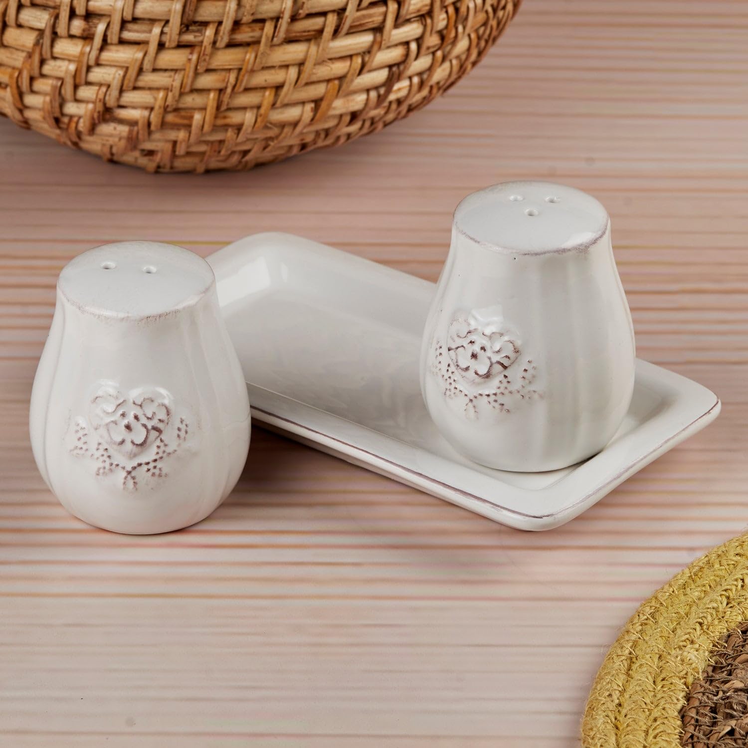 Kookee Ceramic Salt and Pepper Shakers Set with Tray – Elegant Namak Dani, Spice Sprinkler & Dispenser for Dining Table, Kitchen & Restaurant Use, White (10656)