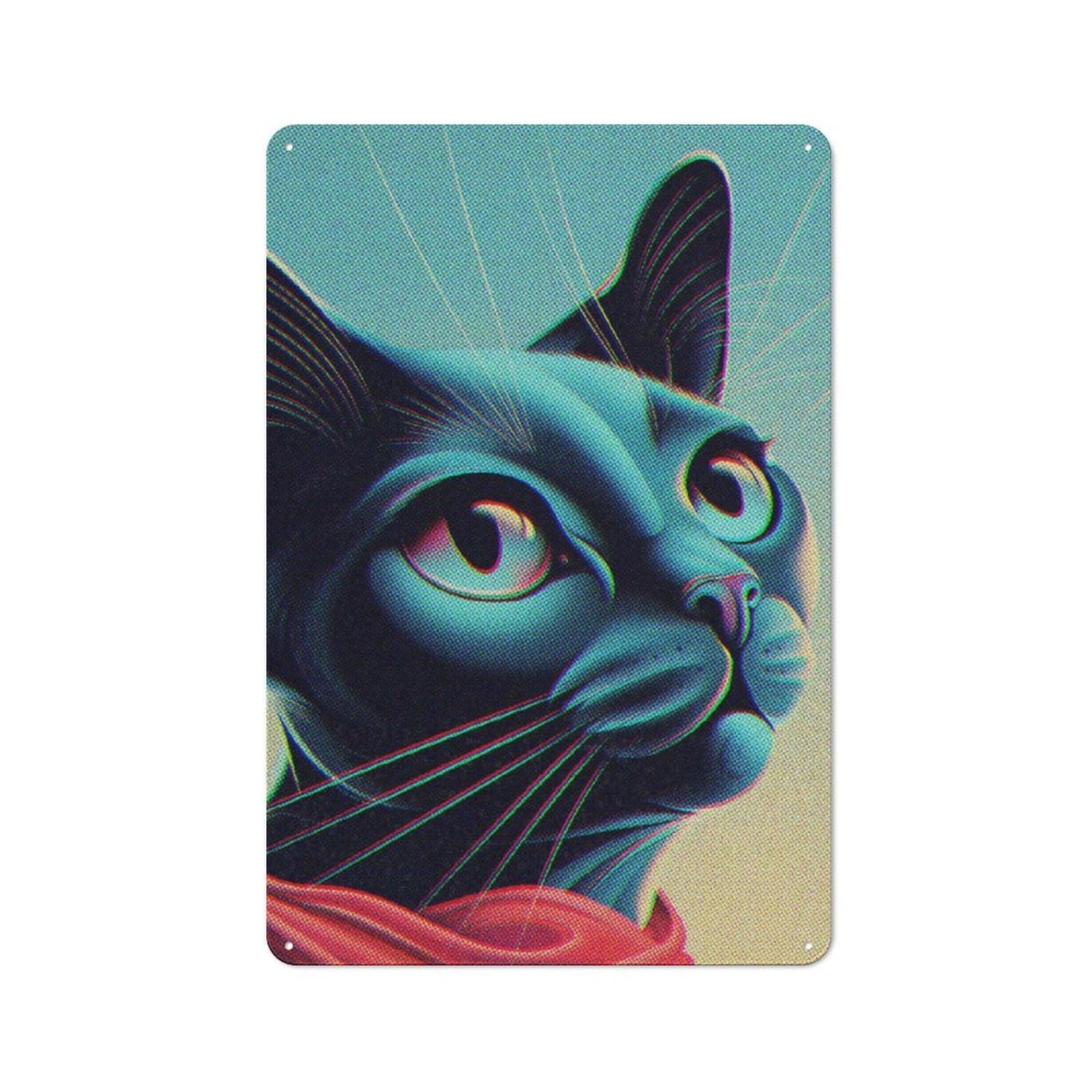 Junmoney Blue Cat Fantasy Loft Style Metal Wall Art Sign 30X20cm Featuring Urban Room Decor For Loft, Studio, Office Or Creative Room