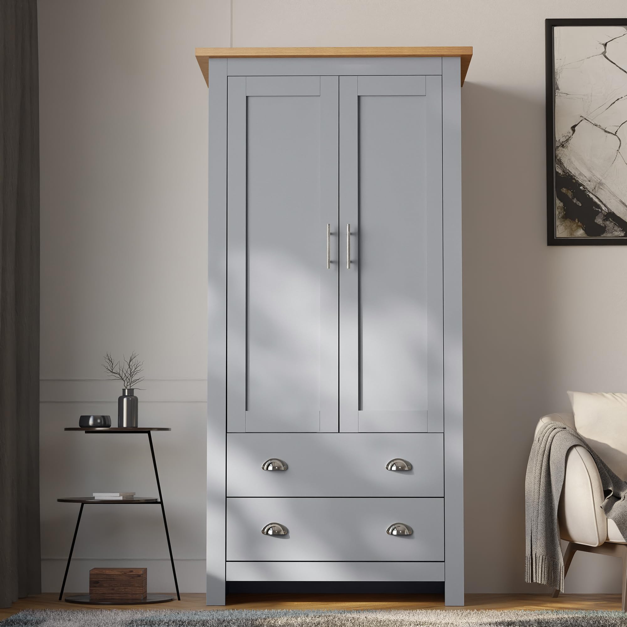 Blisswood Wardrobes for Bedroom 2 Door 2 Drawer Wardrobe MDF With Shelf Hanging Rail Cloth Storage Wooden Wardrobe With Drawer Large Cupboard Bedroom Furniture, Grey & Oak, 180H x 86W x 52D cm