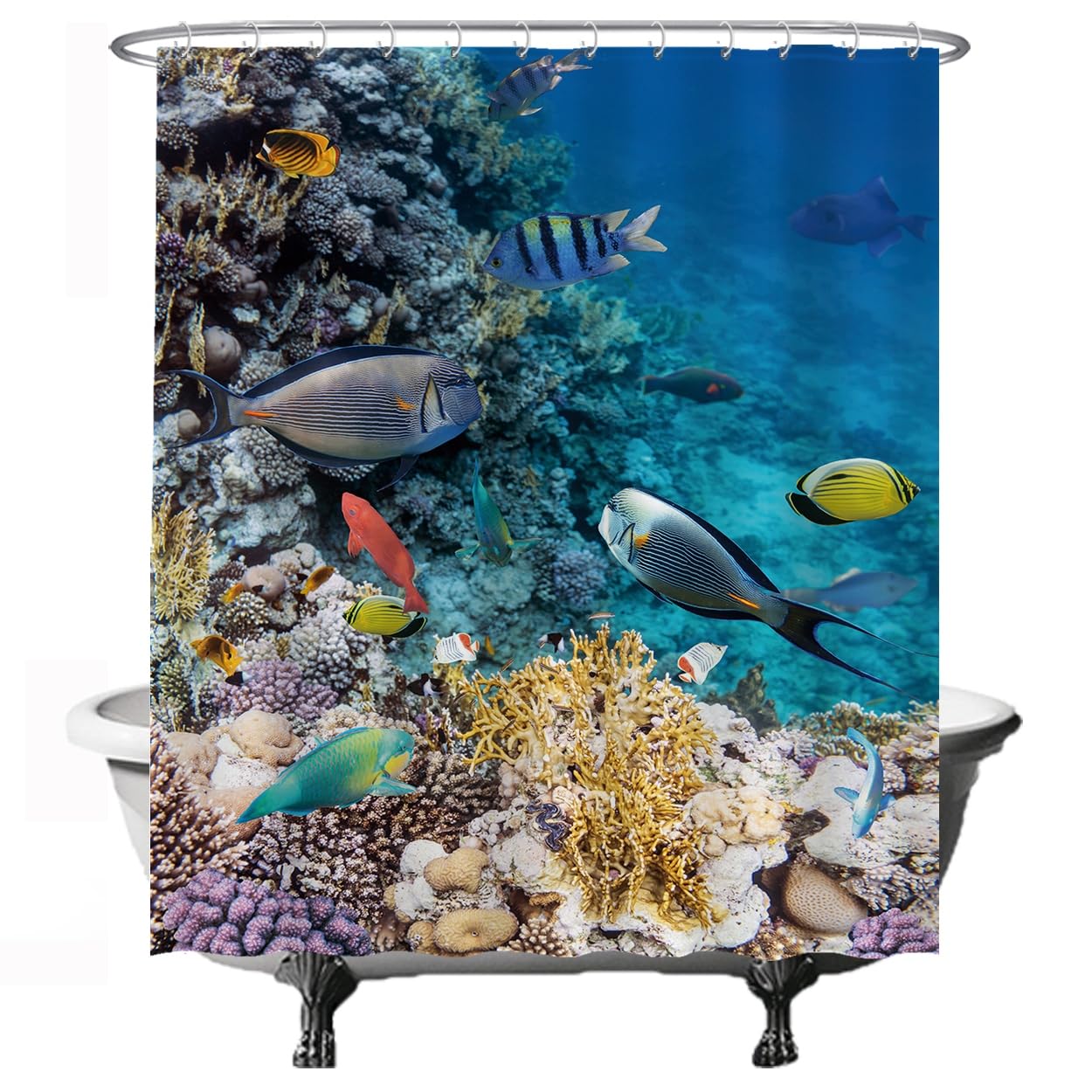 Ulticool Shower Curtain - Coral Sea Diving Aquarium - 180 x 200 cm - Washable - Anti Mould - with 12 Rings - Blue Orange