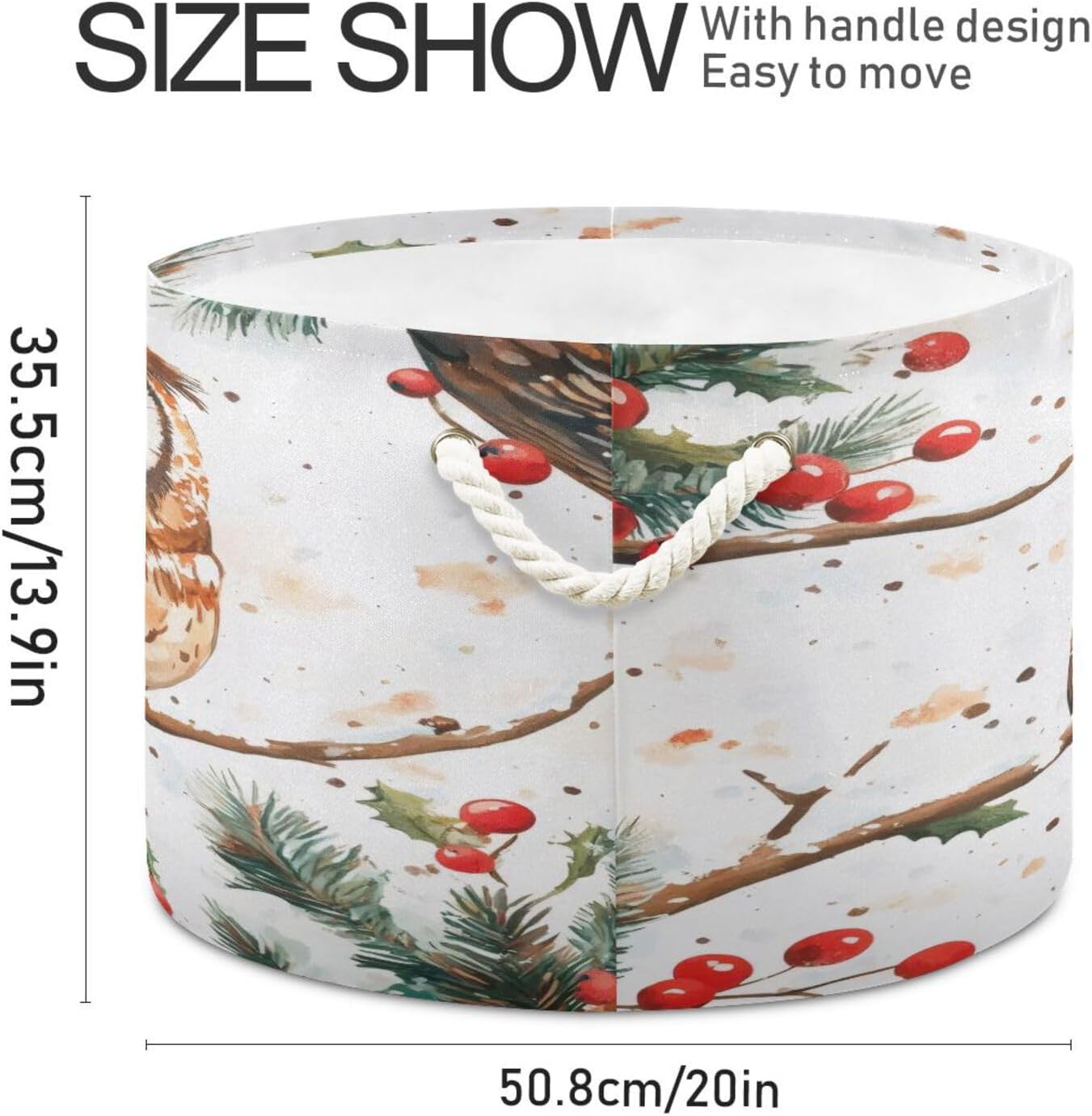 Christmas Owl Extra Large Storage Basket Decorative Laundry Basket with Handles, Rope Basket for Clothes, Blanket, Towel, 20 x 14 Inch