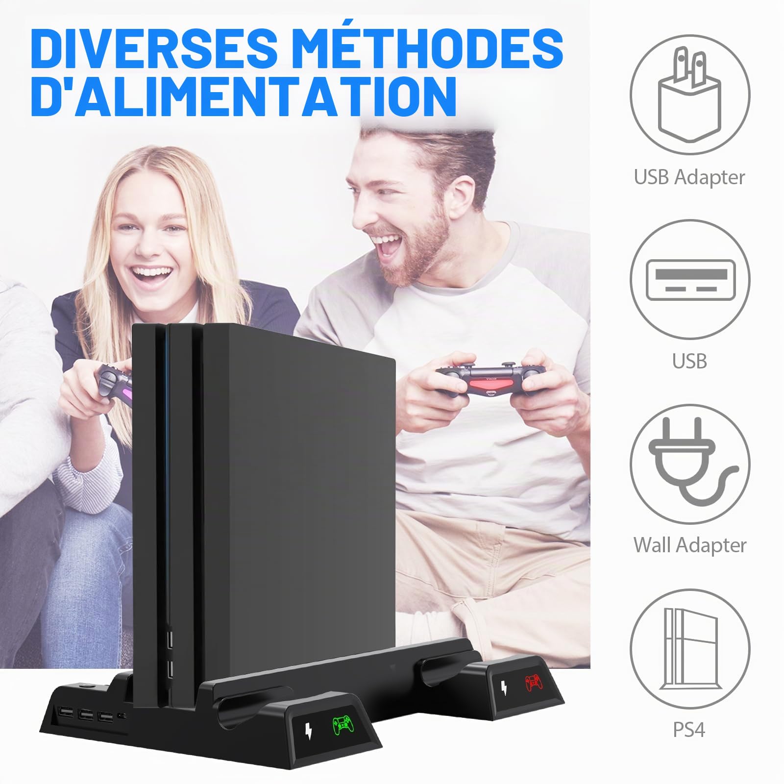 ASUNCELL Support Vertical PS4 avec Ventilateur et Station de Charge pour Playstation 4/Pro/Slim - Refroidisseur et Contrôleur avec 12 Jeux de Rangement
