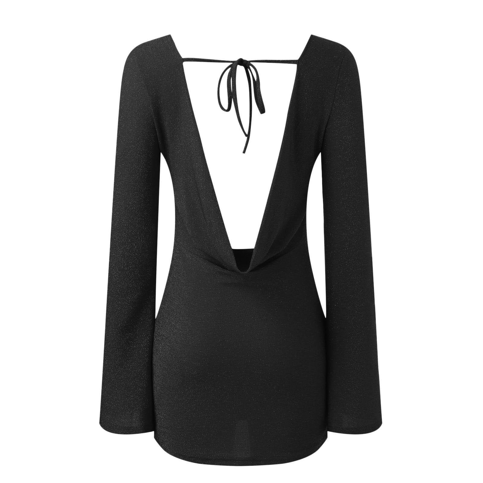 Mini abito da donna scintillante con schiena scoperta e cravatta a maniche lunghe scintillante aderente party club
