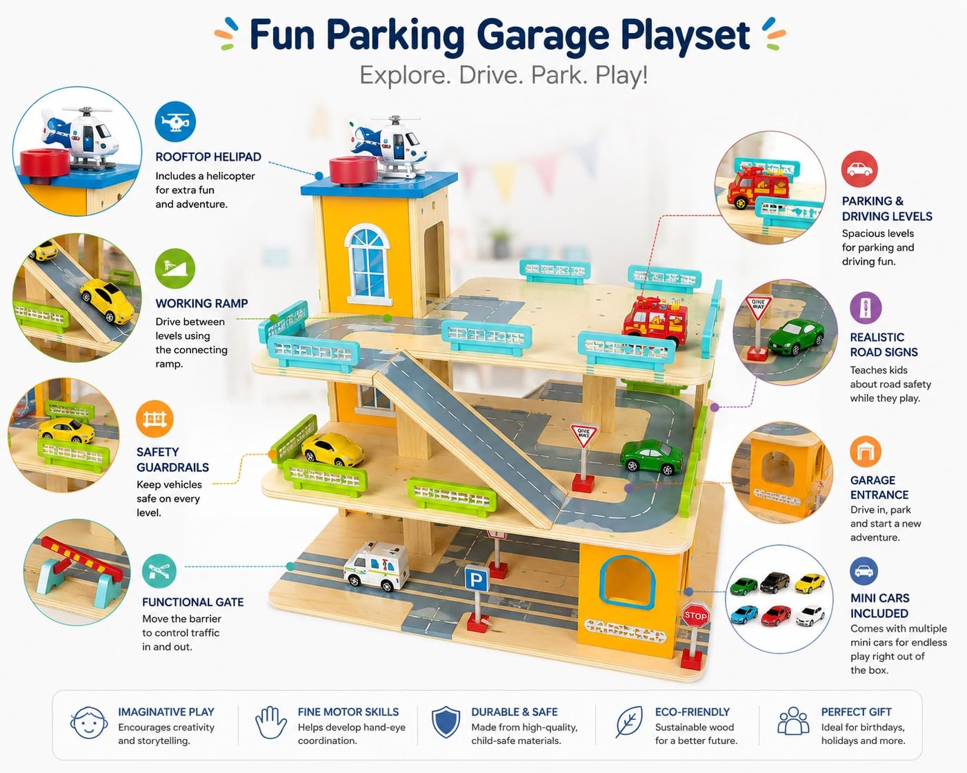 Drewniany Parking dla Dzieci z Windą i Resorakami 3-Poziomowy Garaż na Autka Lądowisko Samochodziki Metalowe Resoraki 9 szt. Znaki Drogowe i Szlaban Drewniana Zabawka na Prezent 44 x 36 x 40 cm