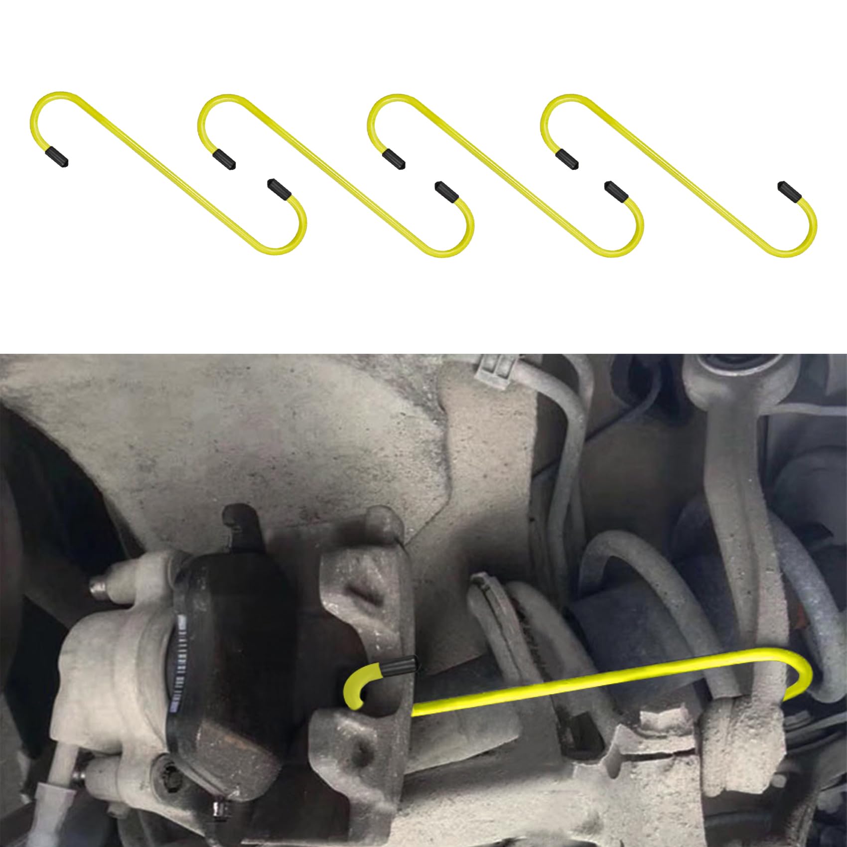 4PCS Brake Caliper Hanger Hooks, Caliper Hanger with Rubber Tips, Durable Steel Auto Brake Caliper Hangers, Automotive Tool Use for Braking, Bearing, Axle, Suspension System Work (Yellow, 4PCS)