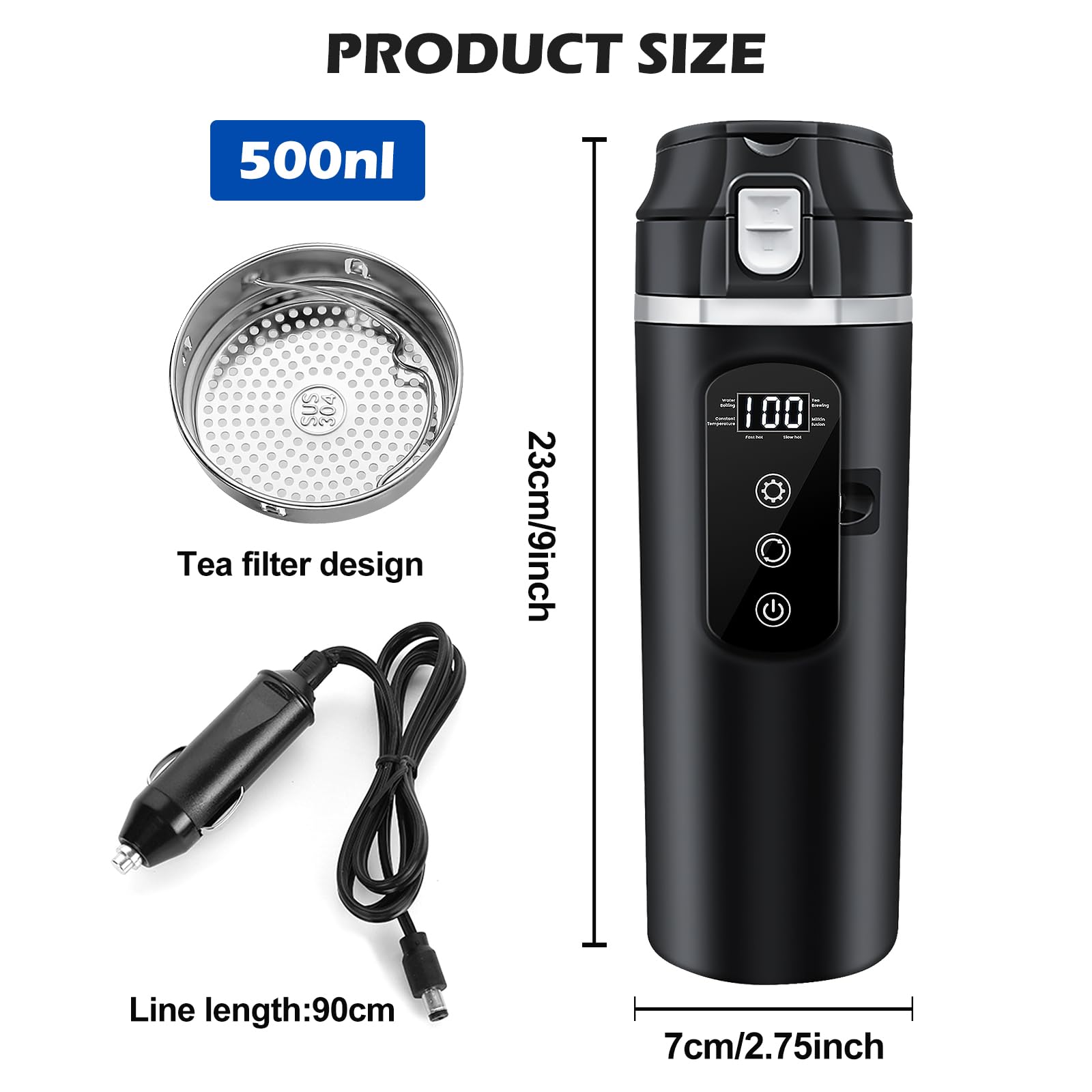 Bouilloire électrique De Voyage DC 12 V/24 V, 500 ML Tasse d'eau Chauffée pour Véhicule, Tasse Chauffante De Voiture, Bouilloire électrique pour Voiture,Bouilloire De Voyage, Arrêt Automatique
