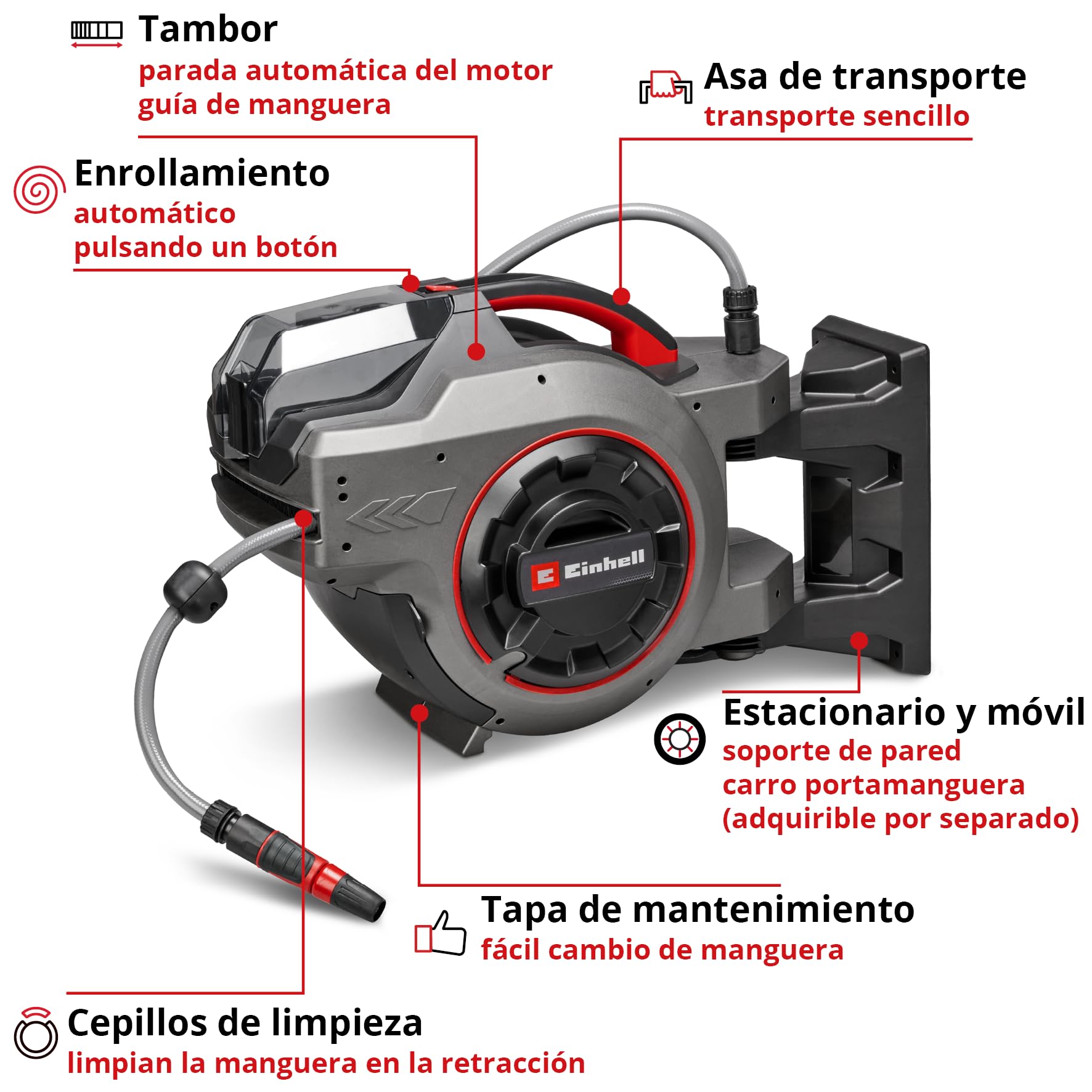 Einhell Tambor de manguera con batería GE-HR 18/30-1 Li-Solo Power X-Change (18 V, enrollado automático de manguera, pivotable hasta 180°, manguera y rociador de jardín de 30 m, sin batería)