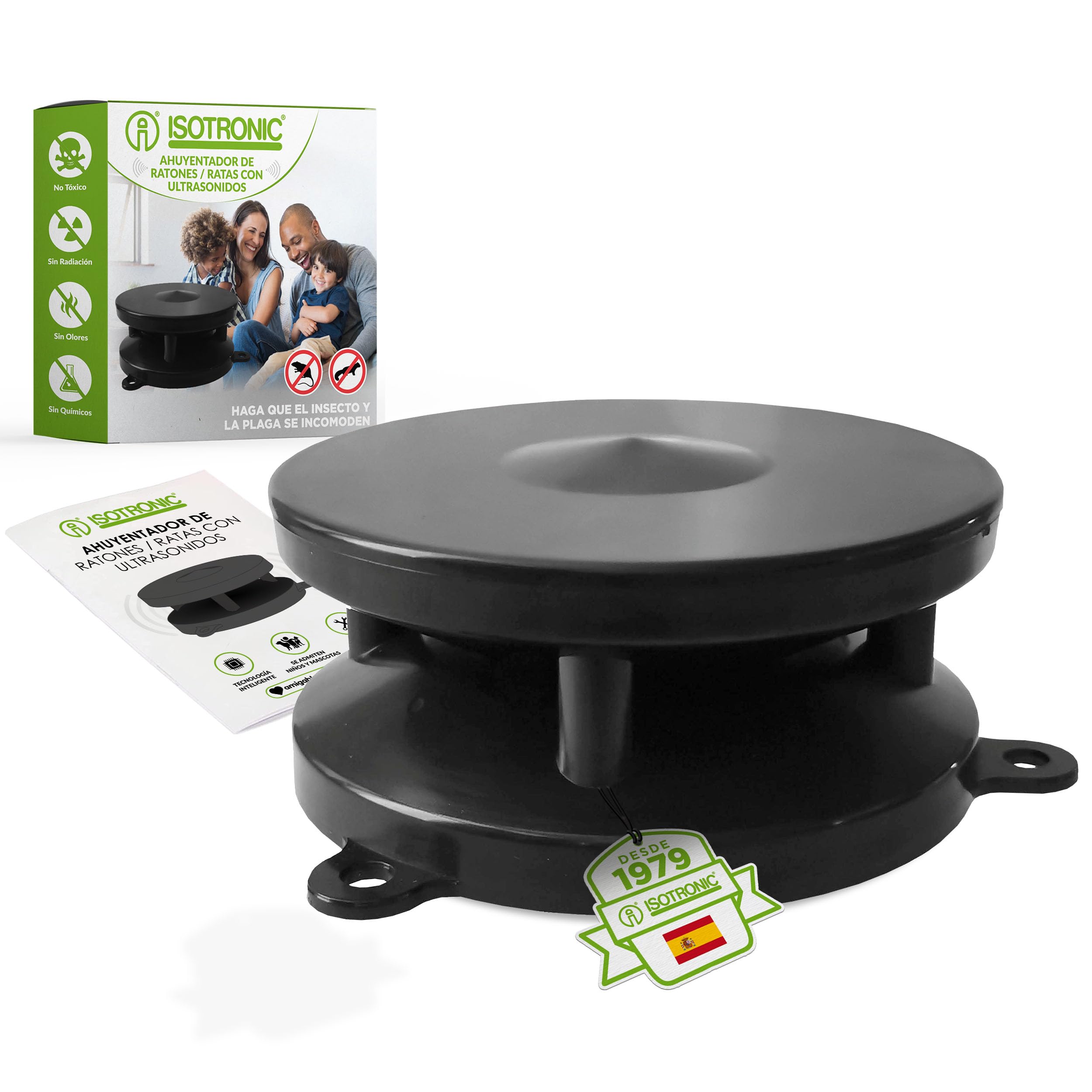 ISOTRONIC Repelente ultrasónico para Ratones y martas – Repelente de 360° para Coche, ático, sótano y Garaje – Disuasivo para Ratones sin Veneno ni trampas – Alcance Efectivo de 40 m² (1 Unidad)