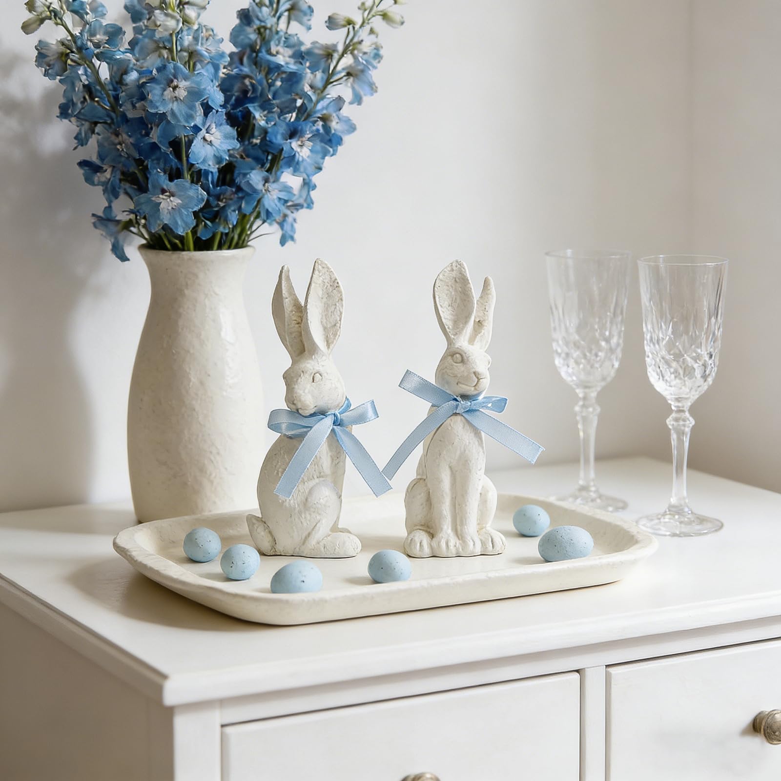 Condition photo showing New/Like New for wds wondrous easter decorations bunny figurines set, realistic bunnies 2-pcs white resin textured with blue bow, nordic spring farmhouse tabletop decor gift for mantel shelf home office