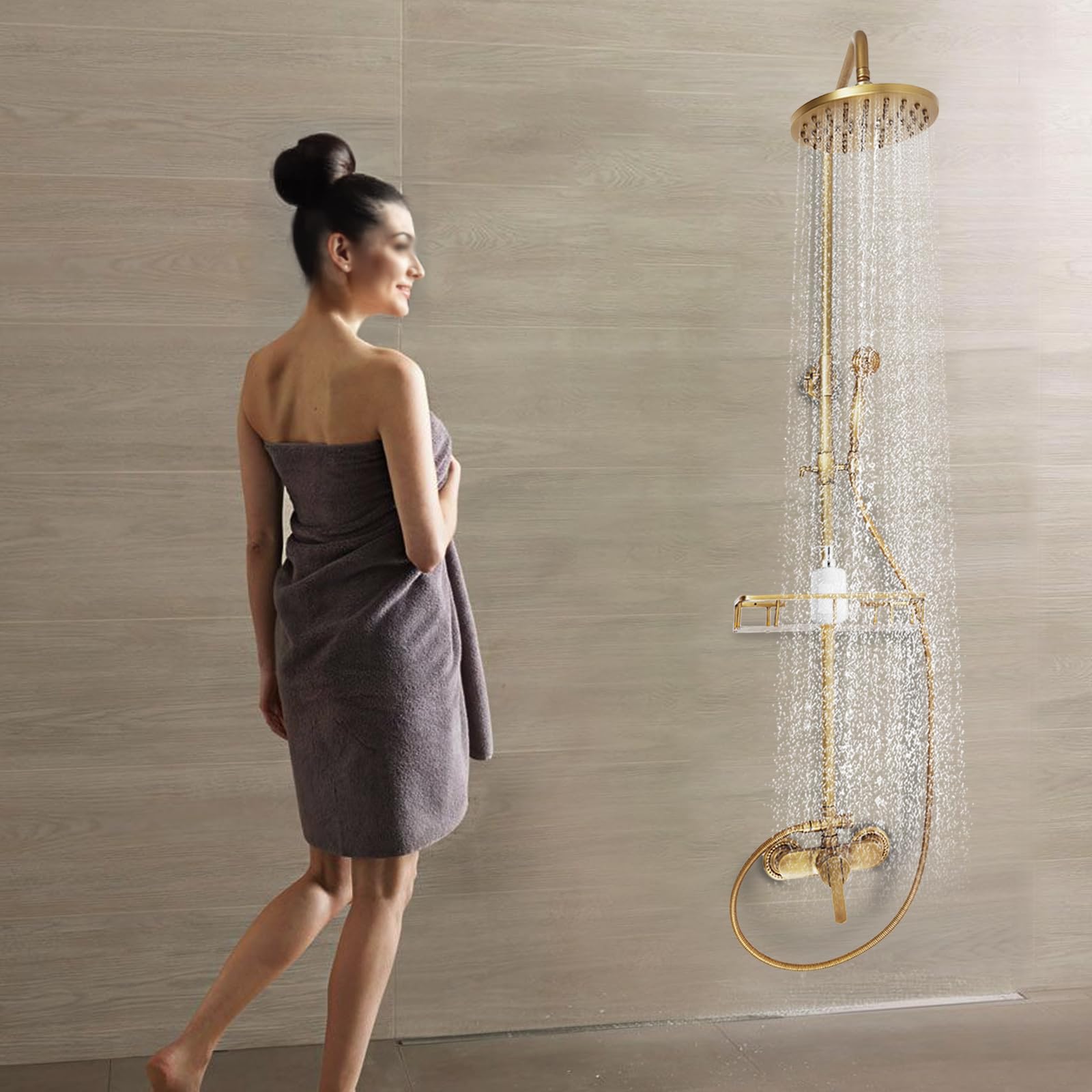Colonna doccia retrò 20 cm con ripiano in bronzo a 2 uscite, 85-132 cm