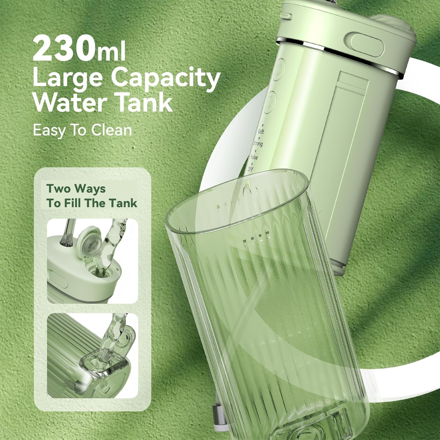 Image showing the 230ml large capacity telescopic water tank of the JTF Water Flosser and two methods for filling it.