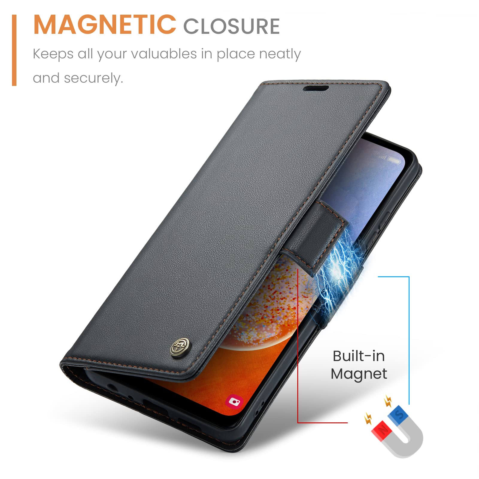 Cover per Samsung A14 Custodia Portafoglio [Blocco RFID] Premium Pelle PU [Magnetica] Wallet Libro con Porta Carte Slot Supporto Flip Case per Samsung A14, Nero