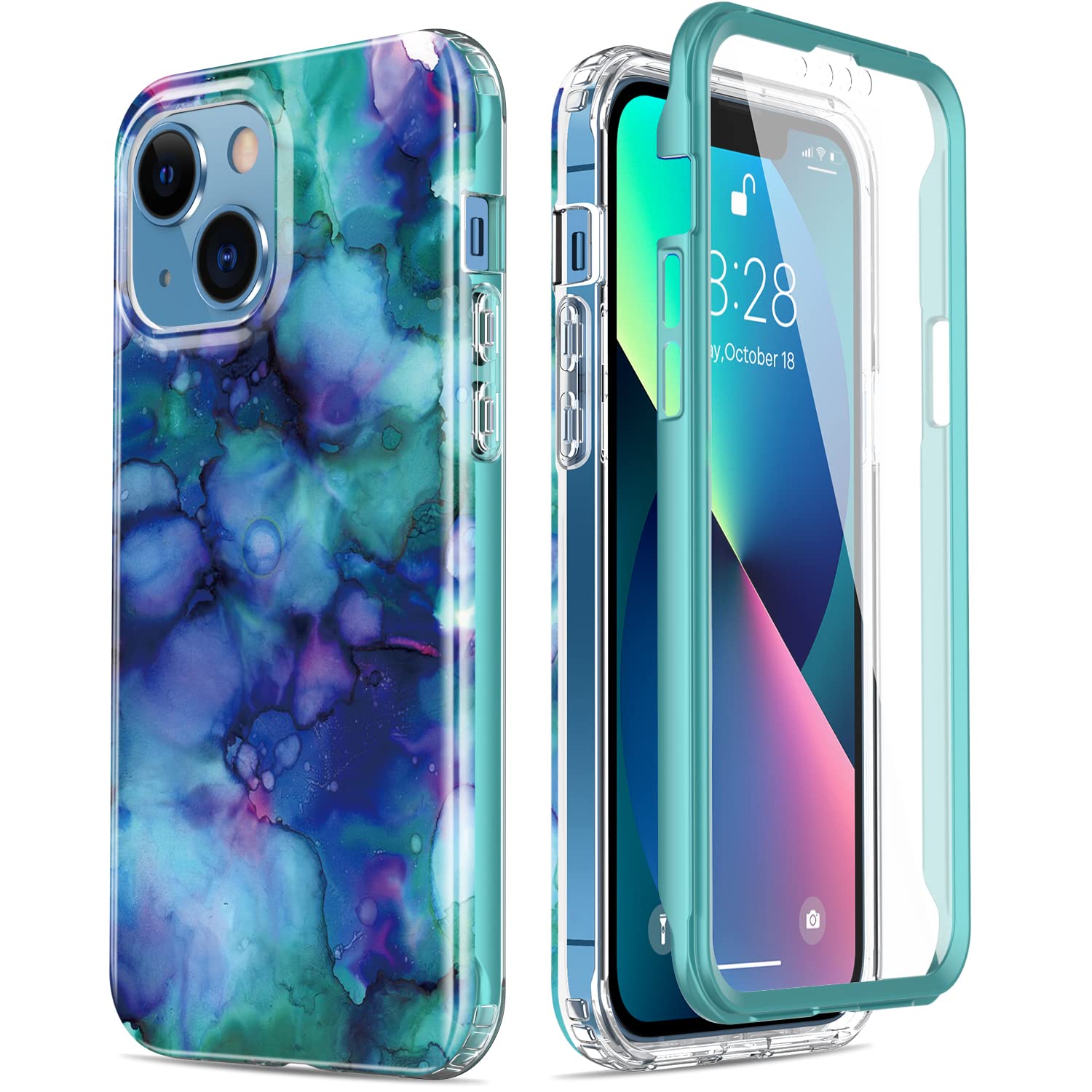 Esdot for iPhone 13 Case with Built-in Screen Protector,Military Grade Rugged Cover with Fashionable Designs for Women Girls,Protective Phone Case 6.1" Opal Marble Purple