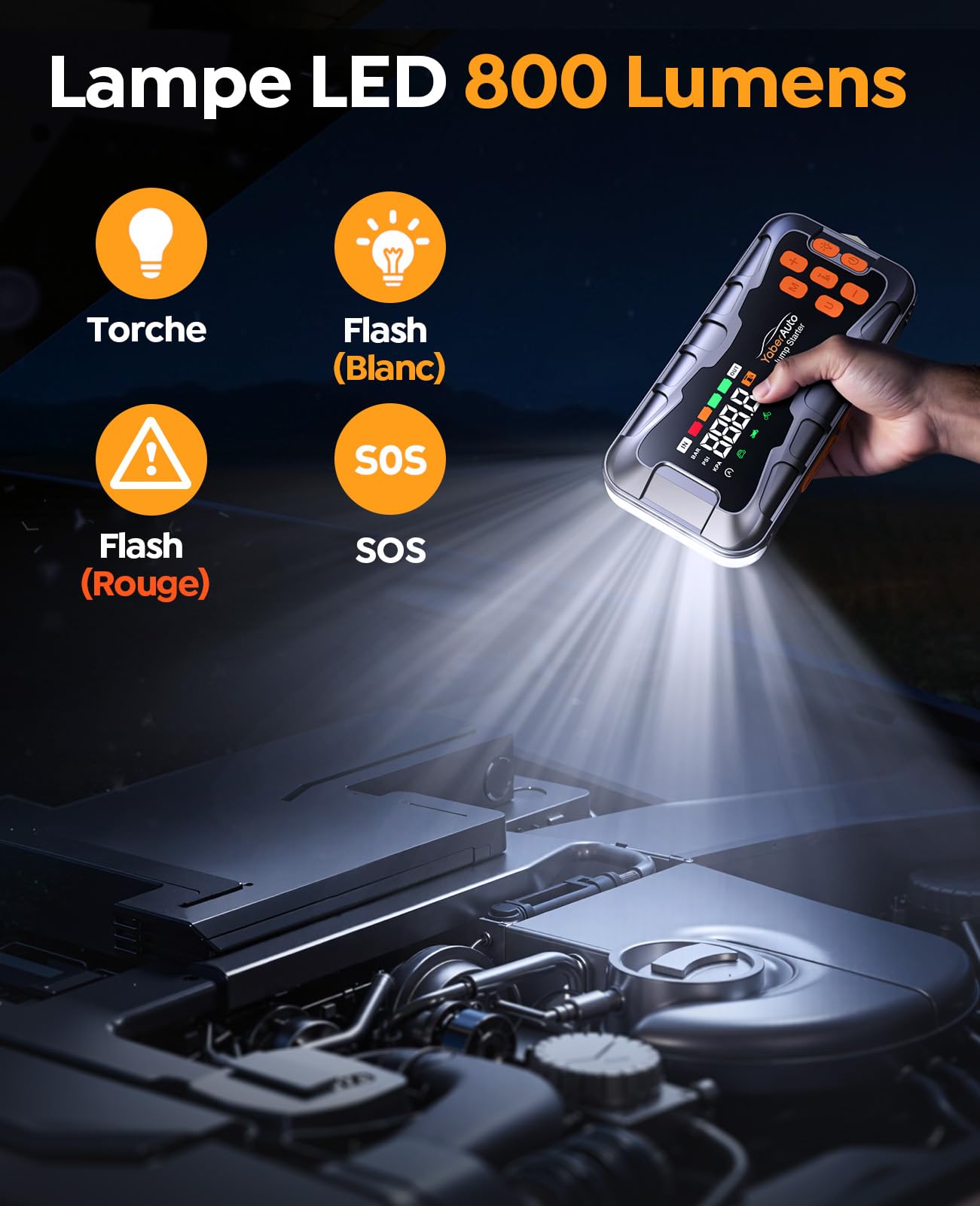 16 en 1 Booster Batterie Voiture 8000A 27000mAh, Booster Batterie(Tout Gaz ou 12L Diesel), 12V Booster avec Compresseur 160PSI, Démarreur avec Lampe 800 Lumens, Marteau de Secours et Kit d’Urgence