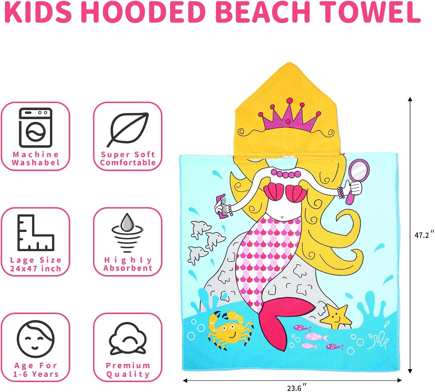 Cute Animal Hooded Beach Towel, Microfiber Bath Towels For Kids Toddler Infant Boy Girl, Animal Towels For Bath Pool Swim Swimwear Summer Beach Cartoon Shower Gifts (24x24 Inch, Mermaid Blue) - Image 5