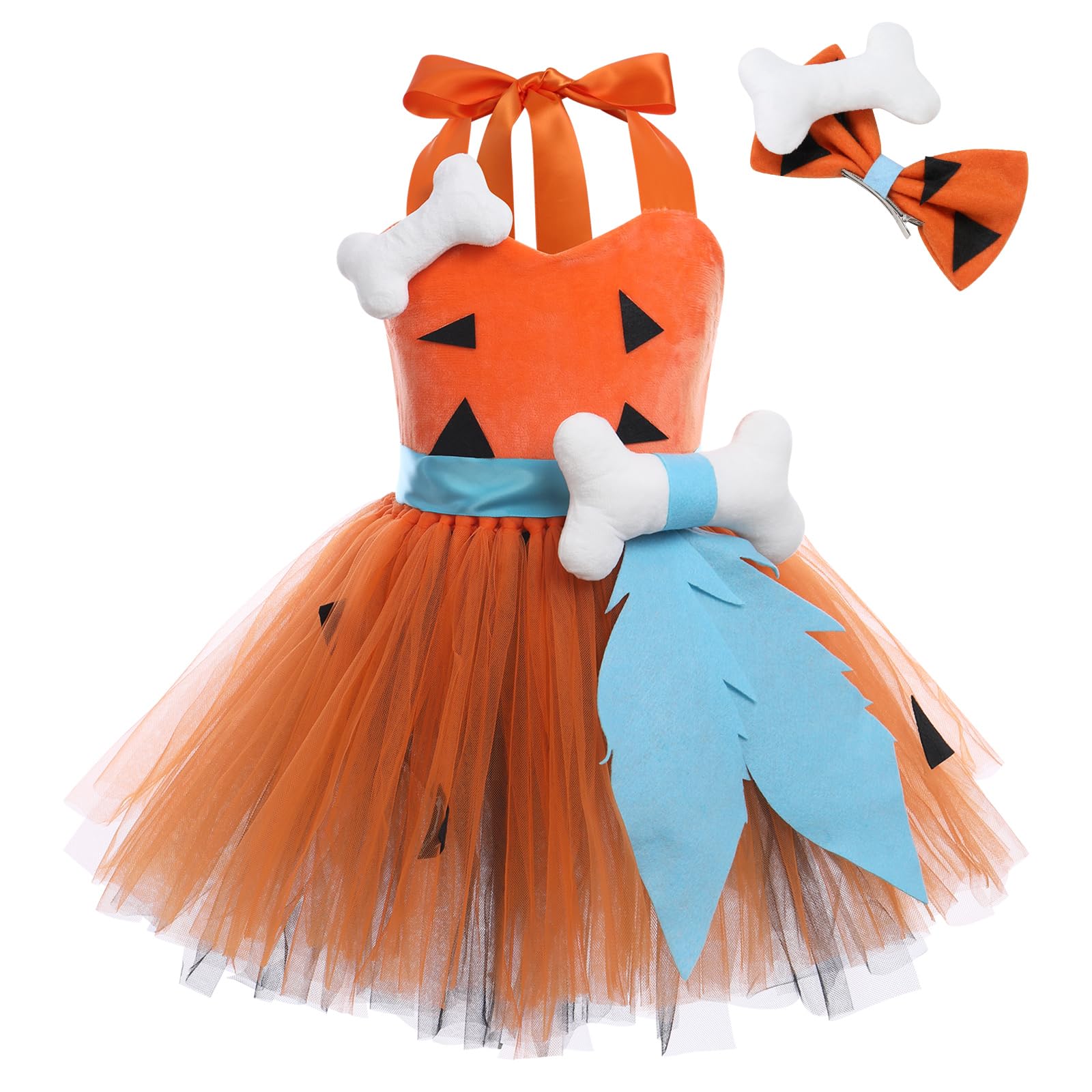 FYMNSI Girl Caveman Costume Kids Cavegirl Fancy Dress Up Toddler Baby Flintstones Halloween Party Cosplay Historical Stone Age Stage Performance Tutu Tulle Dress Bone Hair Clip Set Orange 11-12 Years