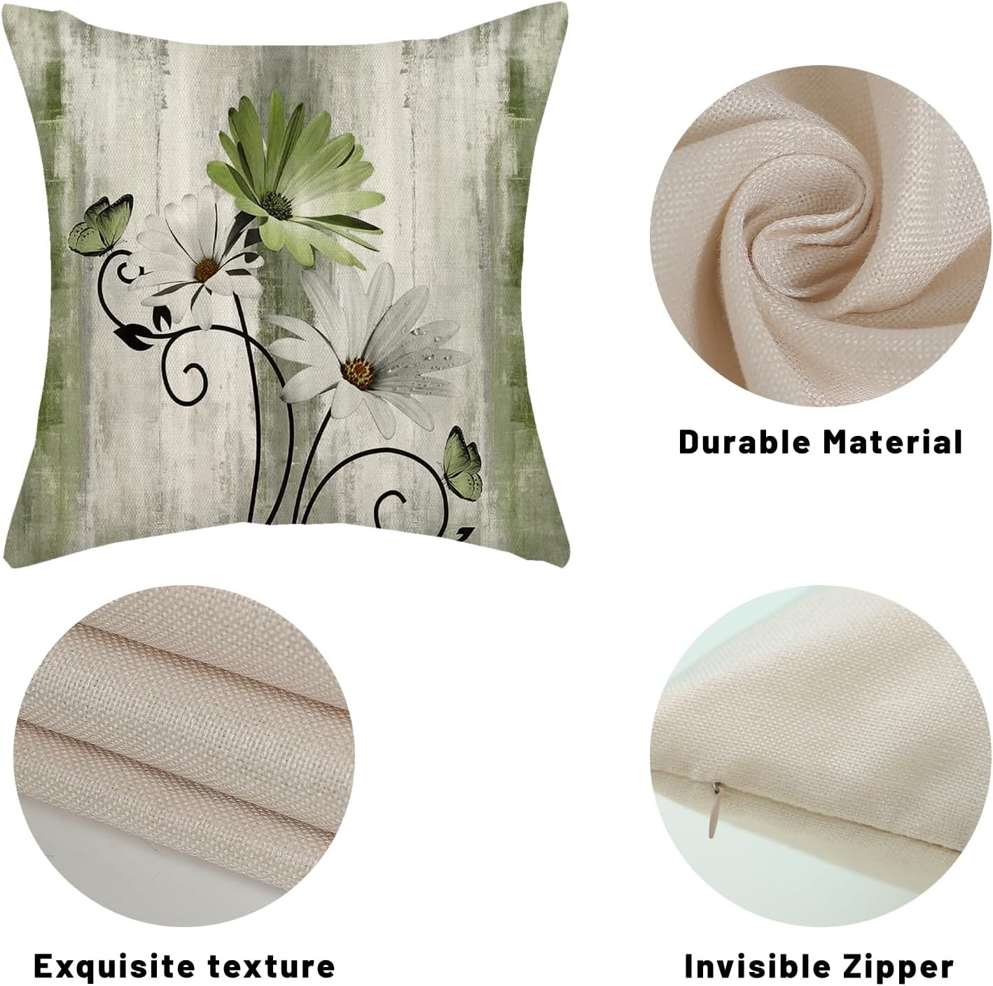 Vintage Throw Pillow Covers 18x18 Inch 2 Pcs Sage Green Daisy Floral Butterfly Decor Pillow Covers Rustic Flower Spring Summer Outdoor Decorative Pillowcase Linen Cushion Cover for Couch Sofa - Image 7