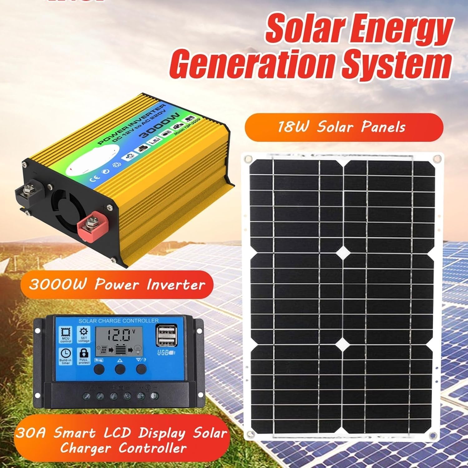 Kit de Panneau Solaire Autonome de 3000 W avec Panneau Solaire étanche de 18 W, contrôleur de Charge de 30 A et Double écran LCD pour la Maison
