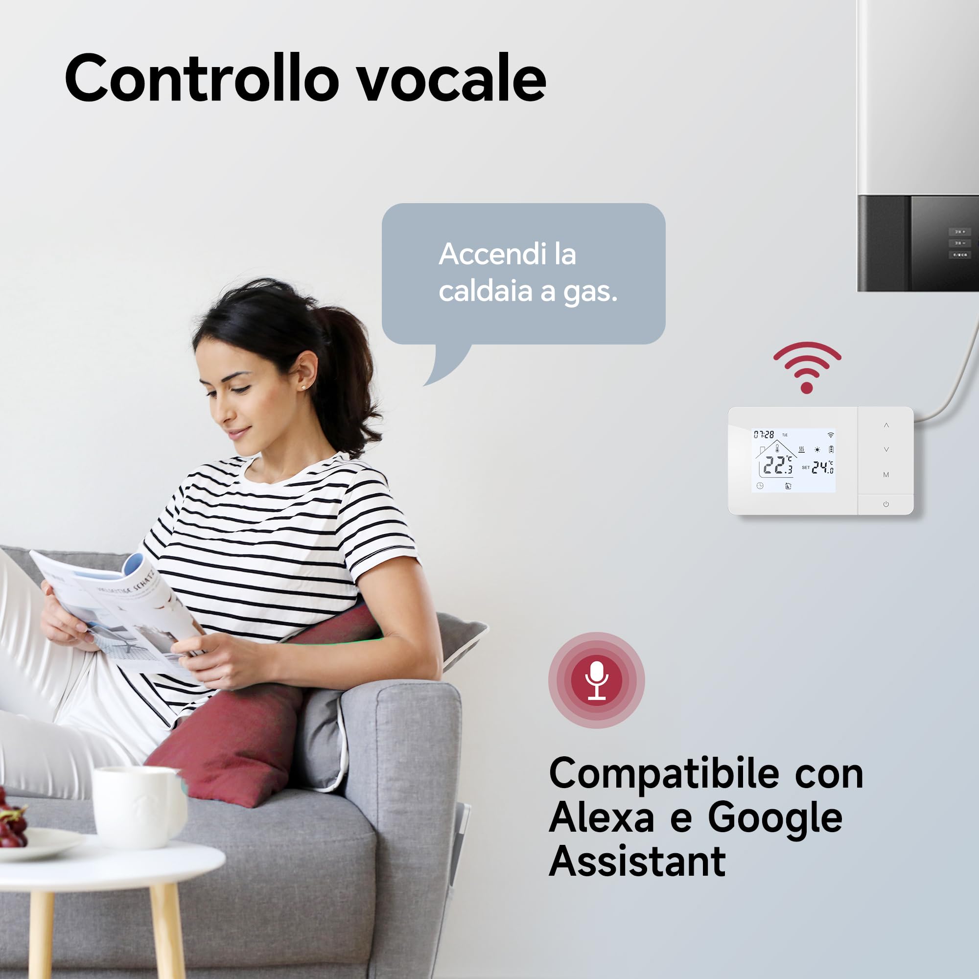 Termostato Wi-Fi a batteria con 2 fili, controllare per la caldaia a gas, termostato Tuya programmabile giornalmente, compatibile con controllo vocale di Google e Alexa.W506 3A