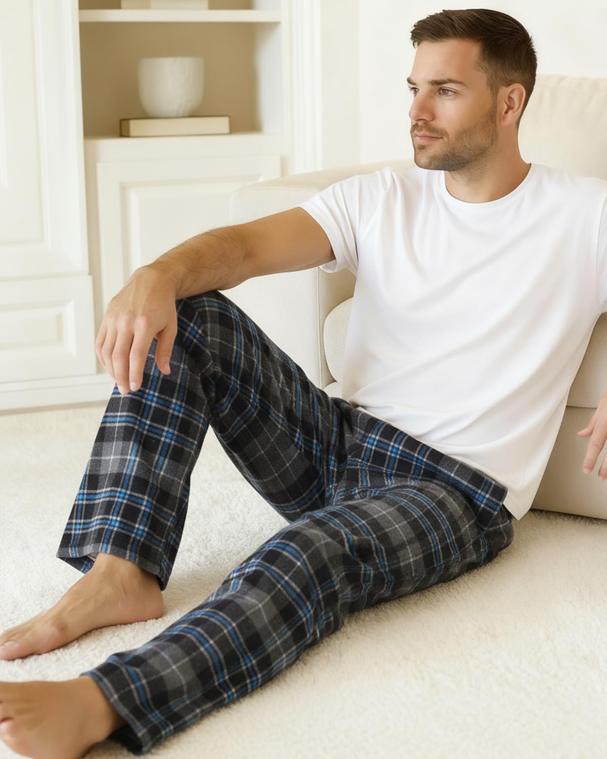 Active Club Men’s Flannel Pajama Pants – Soft Sleep & Lounge Pants with Pockets & Adjustable Drawstring – Plaid Lounge Bottoms (Black Blue Plaid, Large)