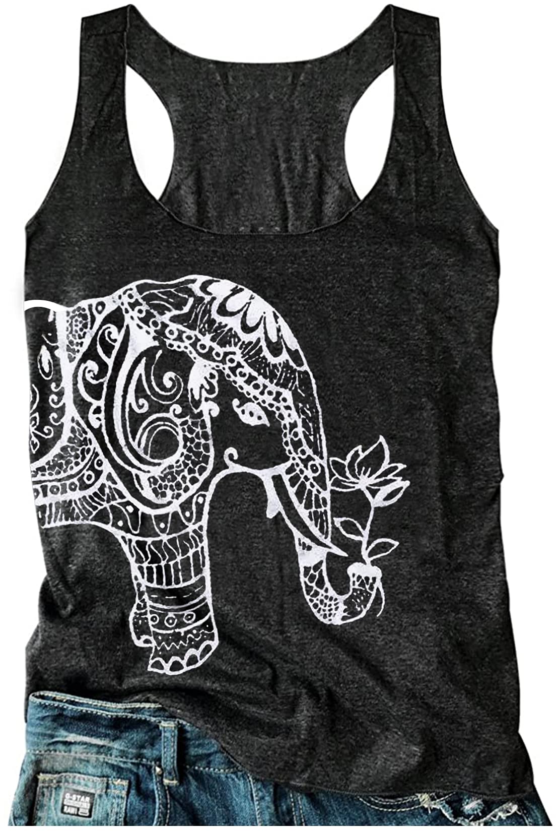 Womens Mandala Vintage Graphic Racerback Tank Tops Summer Casual Loose O-Neck Tanks Vest Vacation Classic-Fit Shirt Cami