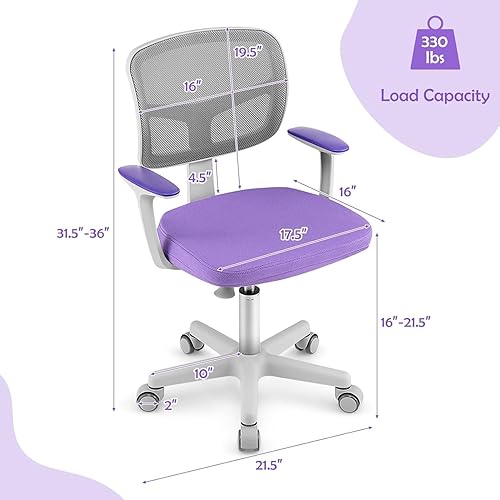 Miniatura 3 de Silla de escritorio para niños, silla de estudio para niños de altura ajustable con soporte lumbar, asiento de malla giratoria, ruedas universales,