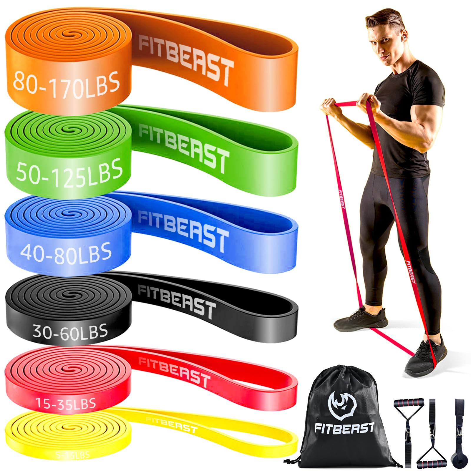FitBeast Widerstandsbänder Set, Trainingsbänder/Fitnessbänder mit Griffen & Türanker für Krafttraining, Klimmzughilfe & Heimtraining (Gelb, Rot, Schwarz, Blau, Grün, Orange)