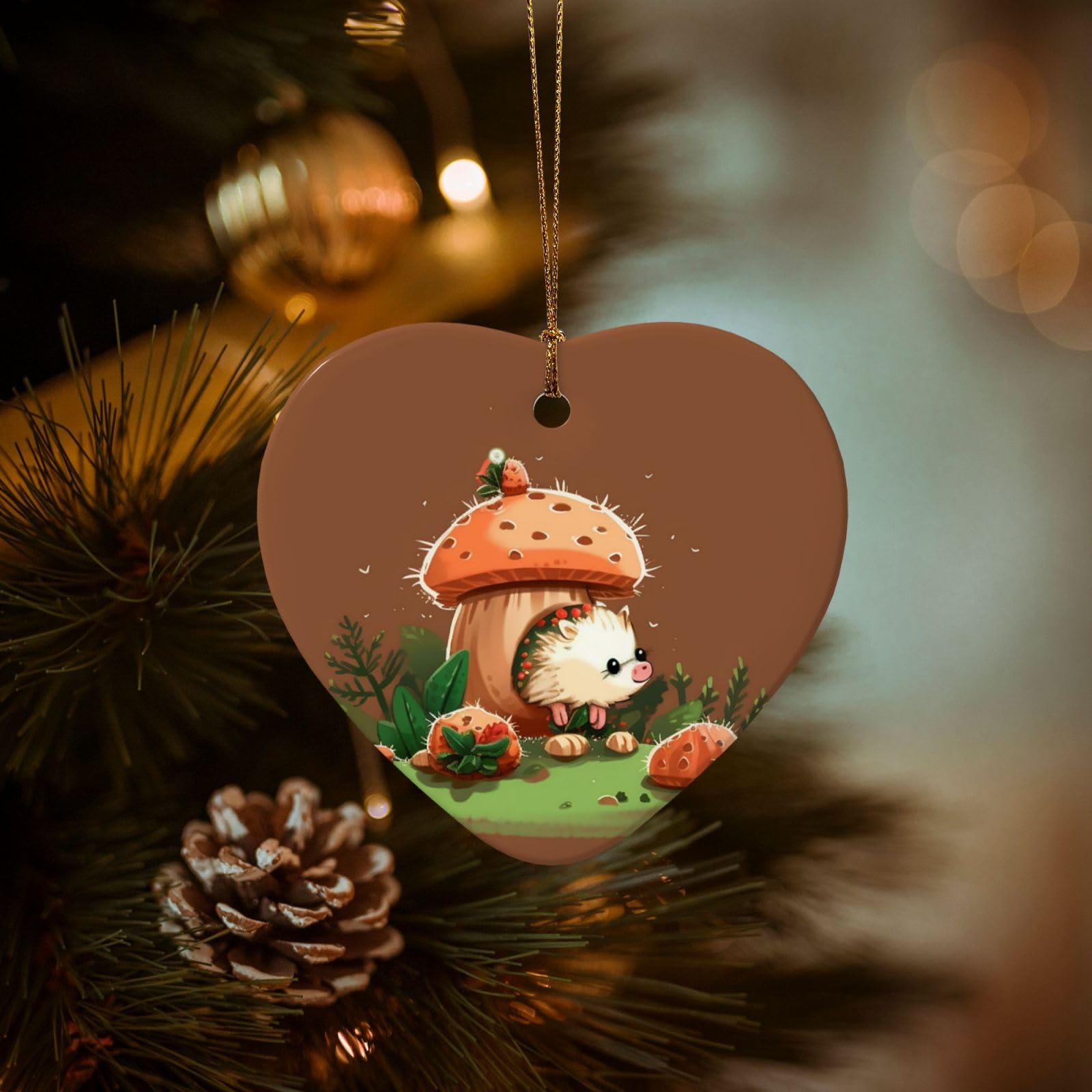 Christmas Tree Ornaments Ceramics Christmas Decorations Hedgehog and Mushroom Ornaments with Gold Ribbon Porcelain Xmas Tree Crafts Heart Shape Hanging Pendant for Christmas Tree Party Decor
