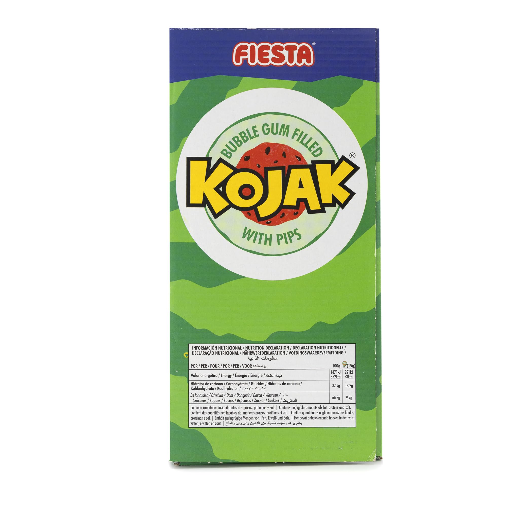 FIESTA Kojak - Sabor Sandía - Con Pepitas de Azúcar - Caramelo con palo relleno de chicle - Caja de 100 unidades