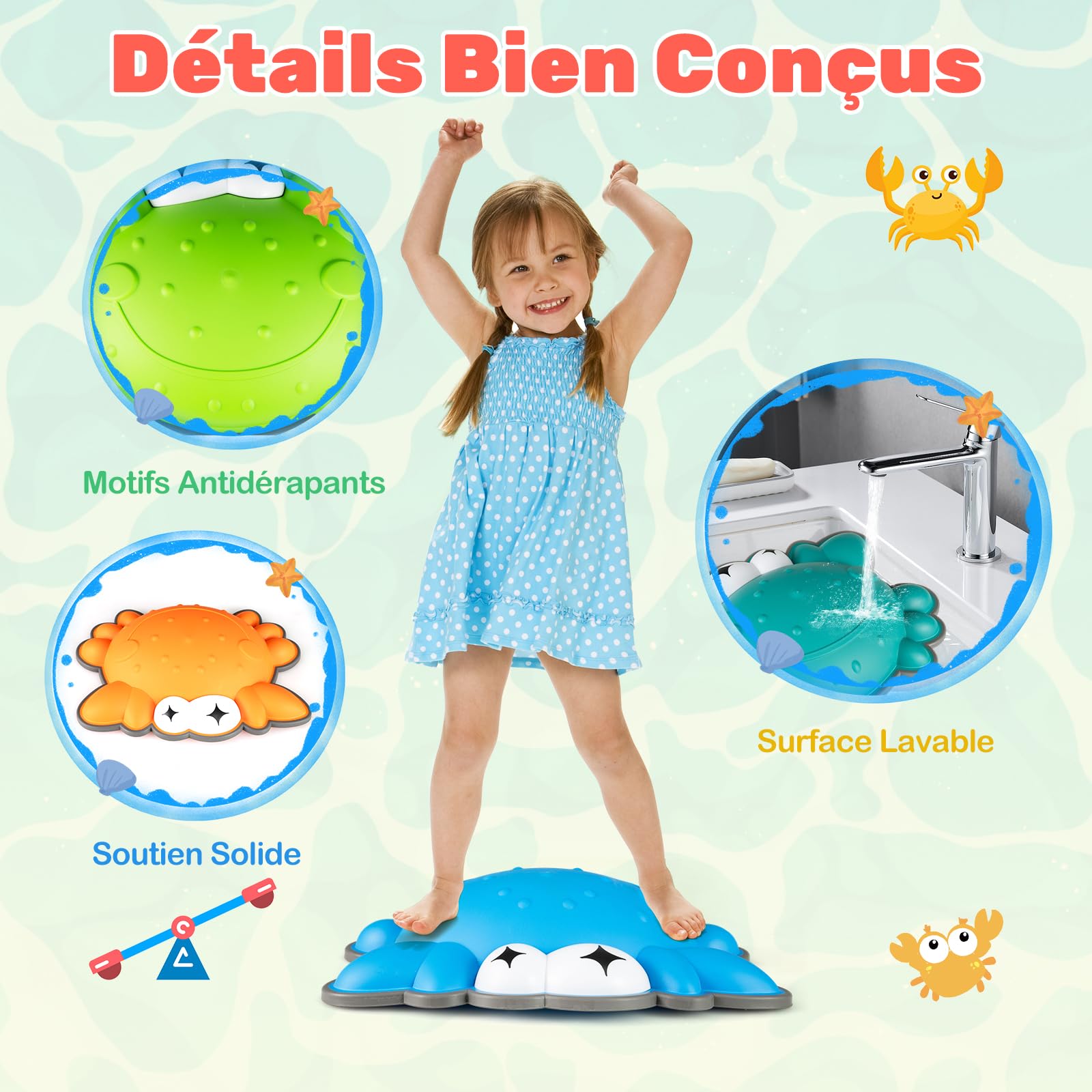 COSTWAY 9 Pierres d'équilibre Empilables Enfant en Forme Crabe avec Bord TPE, Parcours Motricité Enfant avec Motif Antidérapant, Jouet Sensoriel Intérieur & Extérieur, Charge 80kg pour 3 Ans+