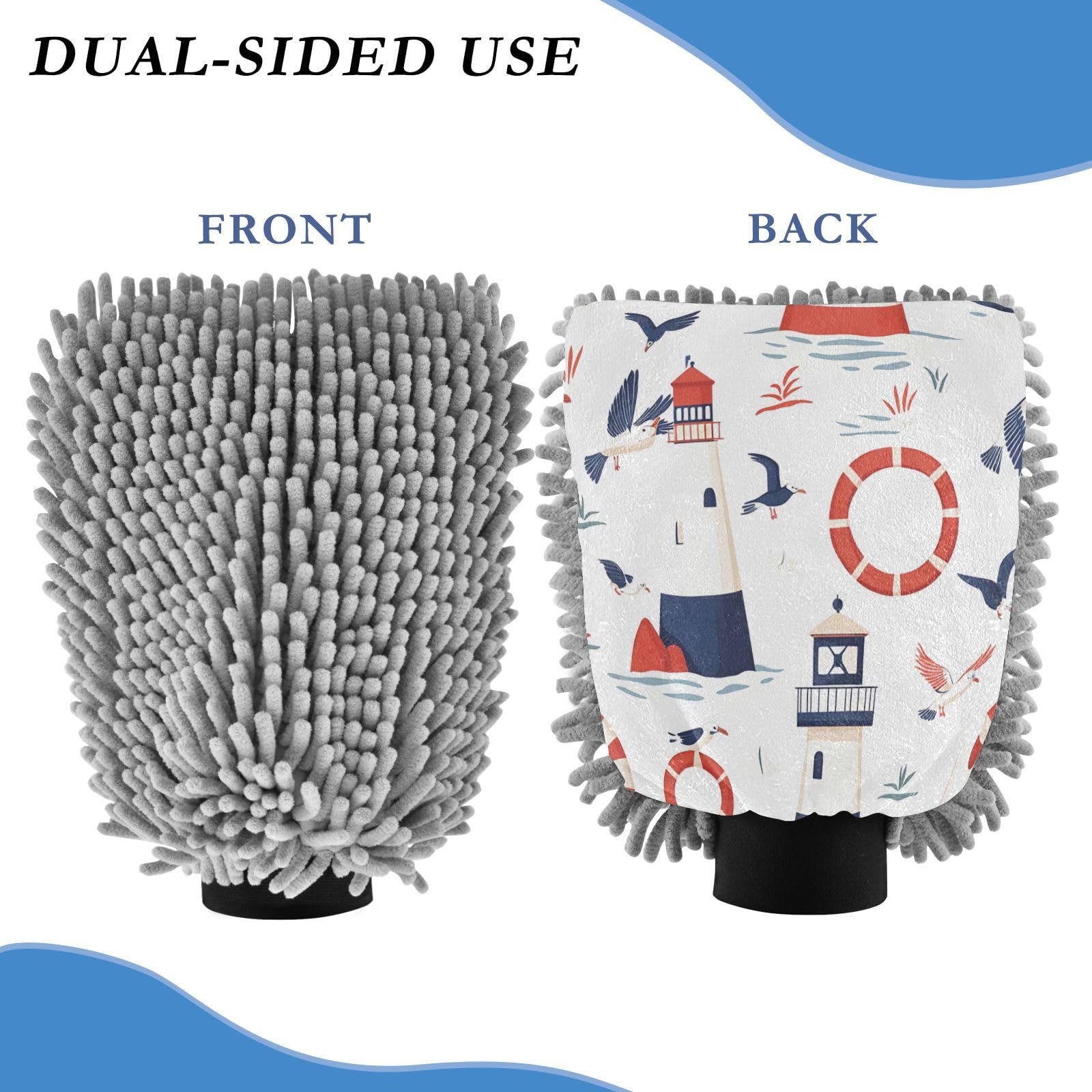 STAYTOP Seagull Lighthouse Car Wash Mitt Microfiber, 2Pcs Scratch Free Lint-Free, Premium Chenille Microfiber Mitt Car Wash Brush-M