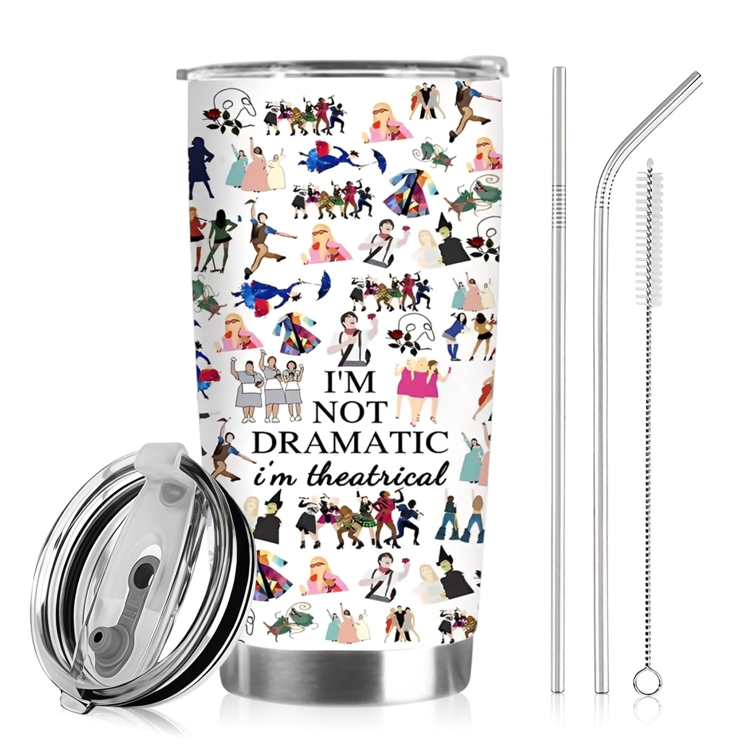 Broadway Musical Travel Cup, Stainless Steel Thermal Mug with Push-Button Lid, Straw Cap, Cleaning Brush and 2 Straw, Insulated Mug for Fans Office Home Use Birthday Christmas Musical Theatre Gifts