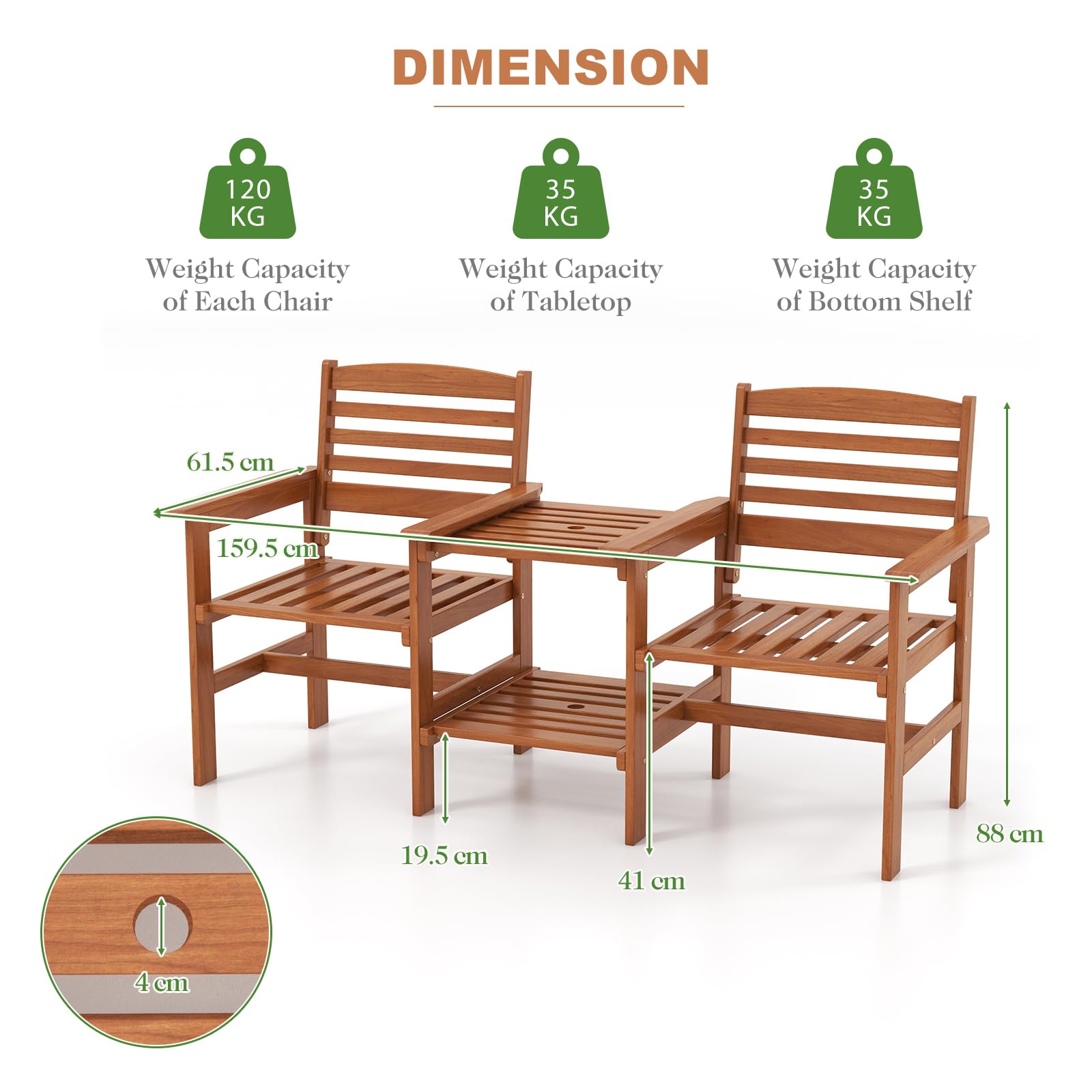KOMFOTTEU 2-Sitzer Gartenbank Massivholz, Sitzbank mit Beistelltisch & Schirmloch, Terrassenbank Gartenmöbel Set für Balkon Garten