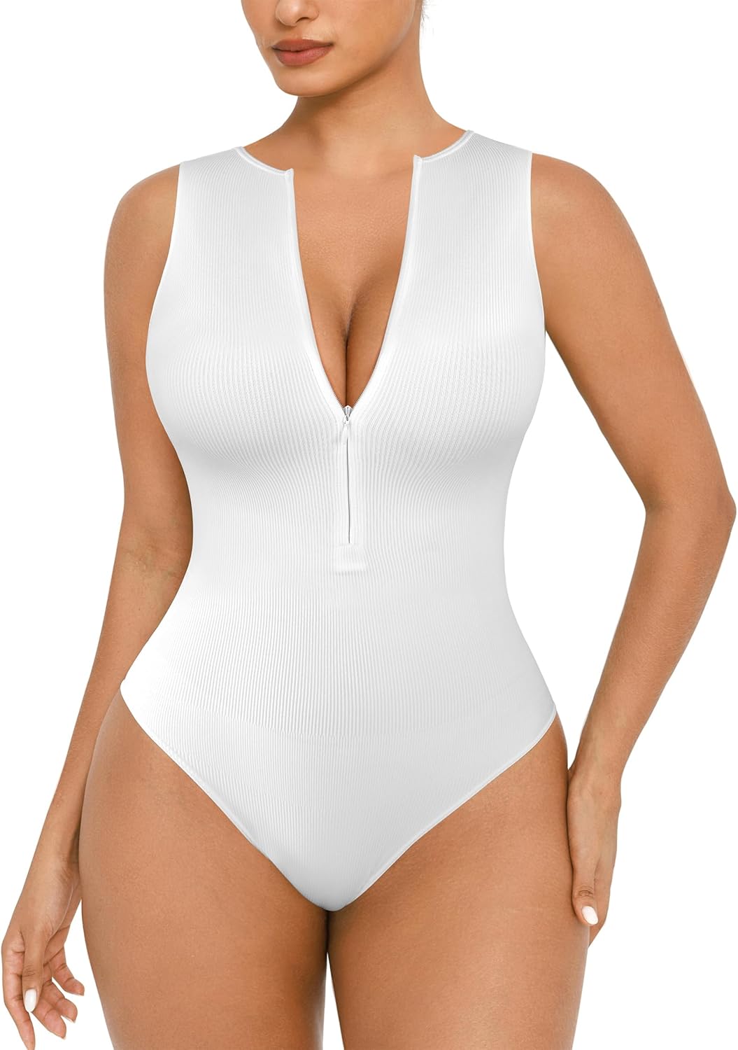 FeelinGirl Bodysuits for Women Seamless Body Suit Invisible Zip Up Crew Neck Slimming Ribbed Basic Tank Tops