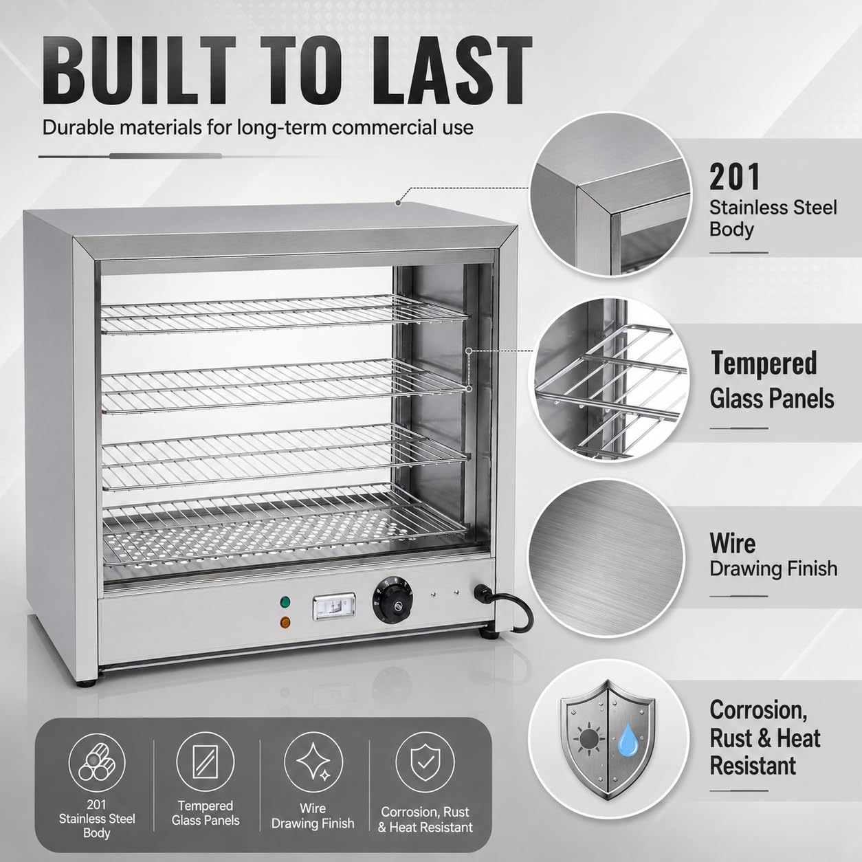 Witryna podtrzymywania ciepła z oświetleniem, 4-poziomowa lada grzewcza 800 W 30-85°C