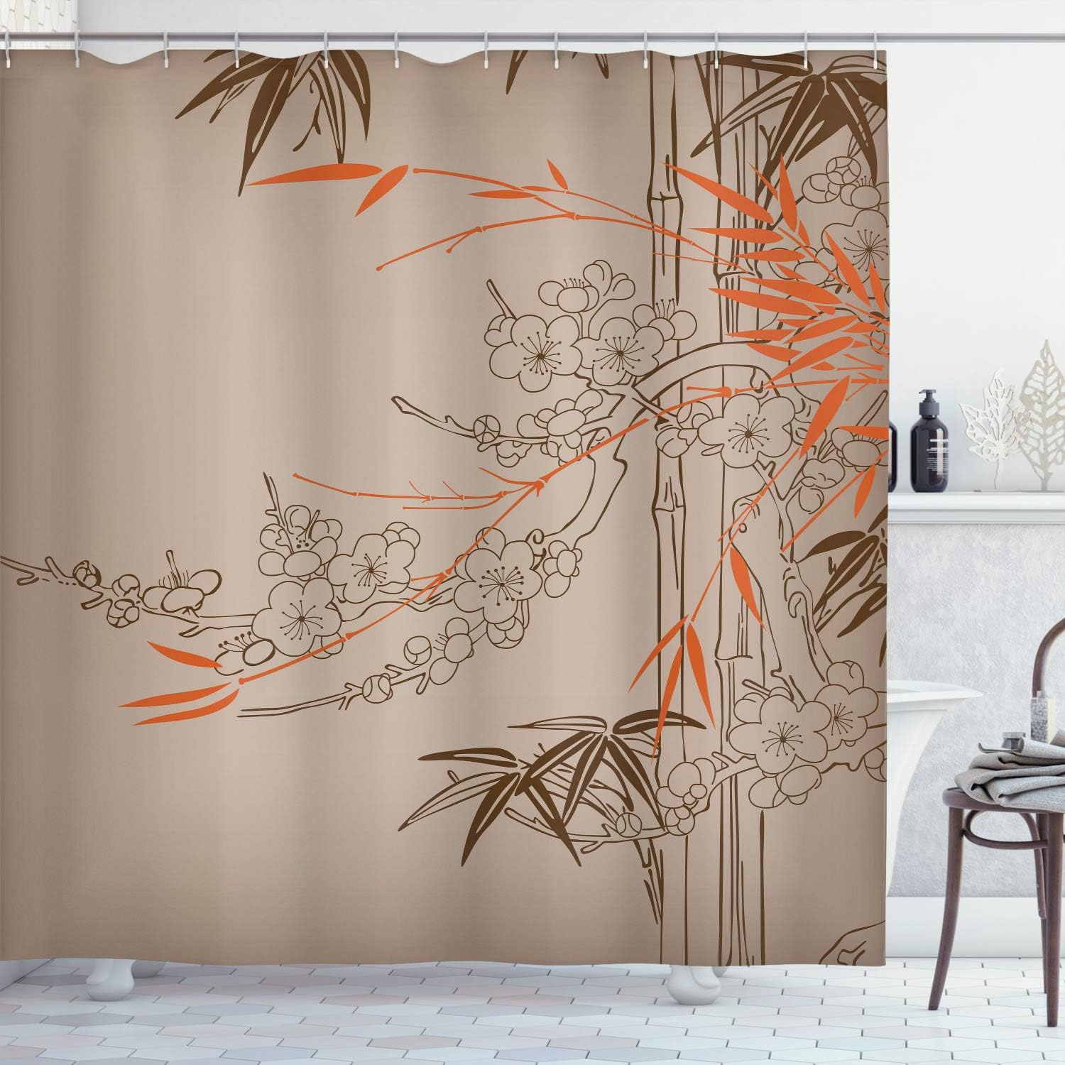 Ambesonne Asian Print Shower Curtain, Eastern Nature Theme Outline Look Blooming Branches and Flowers Illustration, Cloth Fabric Bathroom Decor Set with Hooks, 69" W x 75" L, Dark Tan