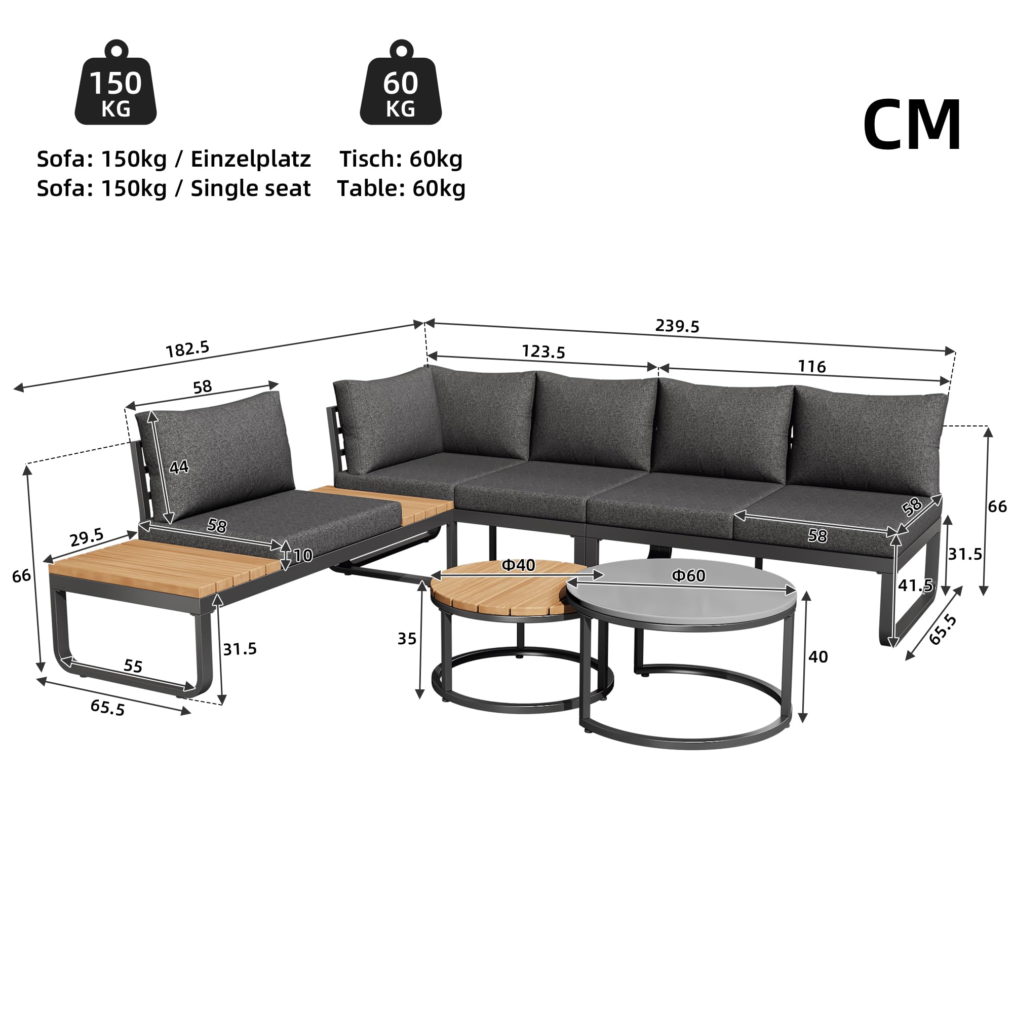 Muebles Jardin Exterior de 5 Piezas con 2 Mesas y Cojín Suave, Sofa Terraza Exterior para 4-5 Personas, Conjunto Jardin Exterior con Patas Ajustables y Mesita Auxiliar, Estructura Metal, Gris