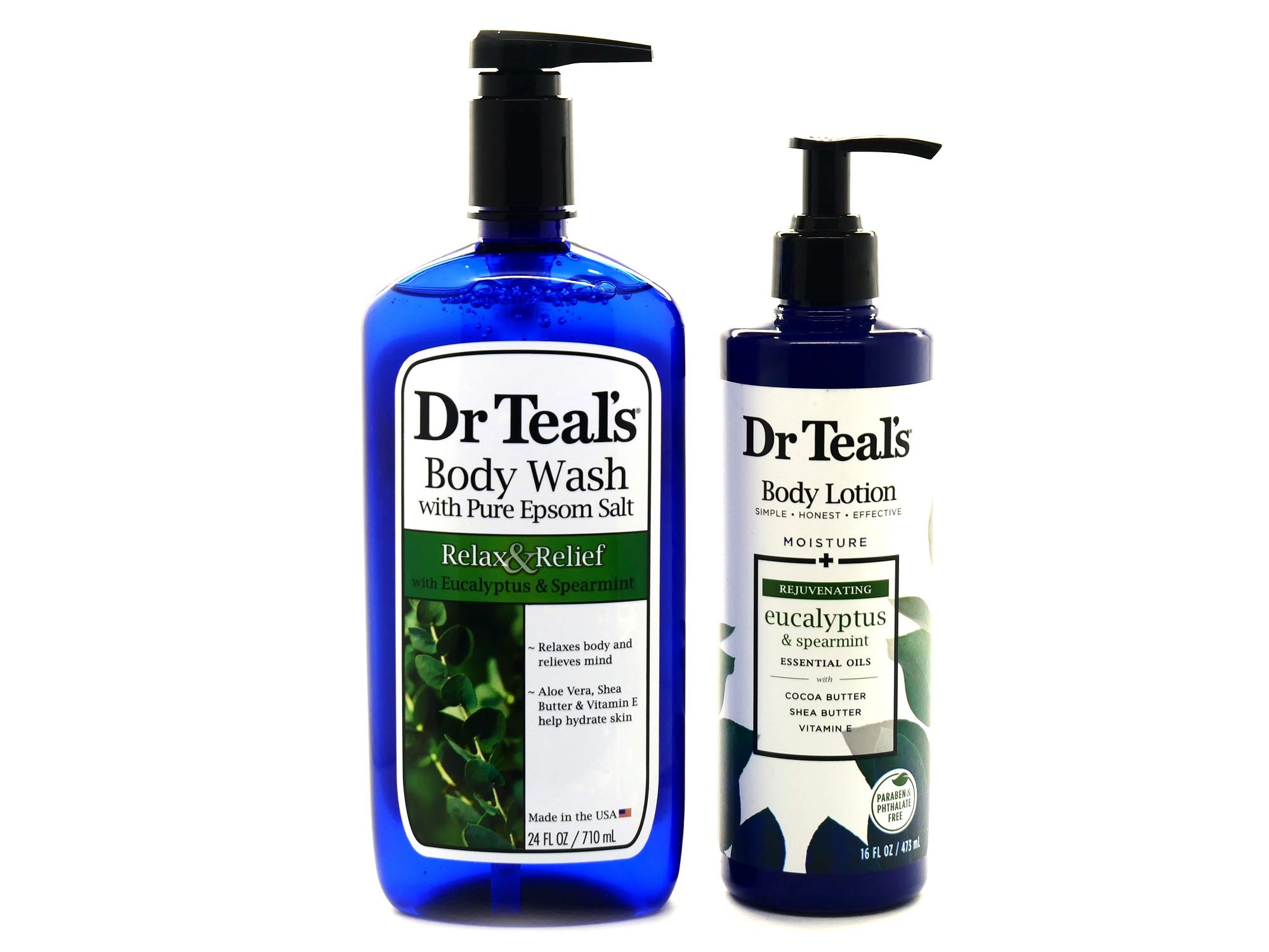 Dr Teals Eucalyptus & Spearmint Body Wash w/Pure Epsom Salt (24 fl oz) - Bundle of Dr Teals Body Wash and Eucalyptus Lotion (16 fl oz)