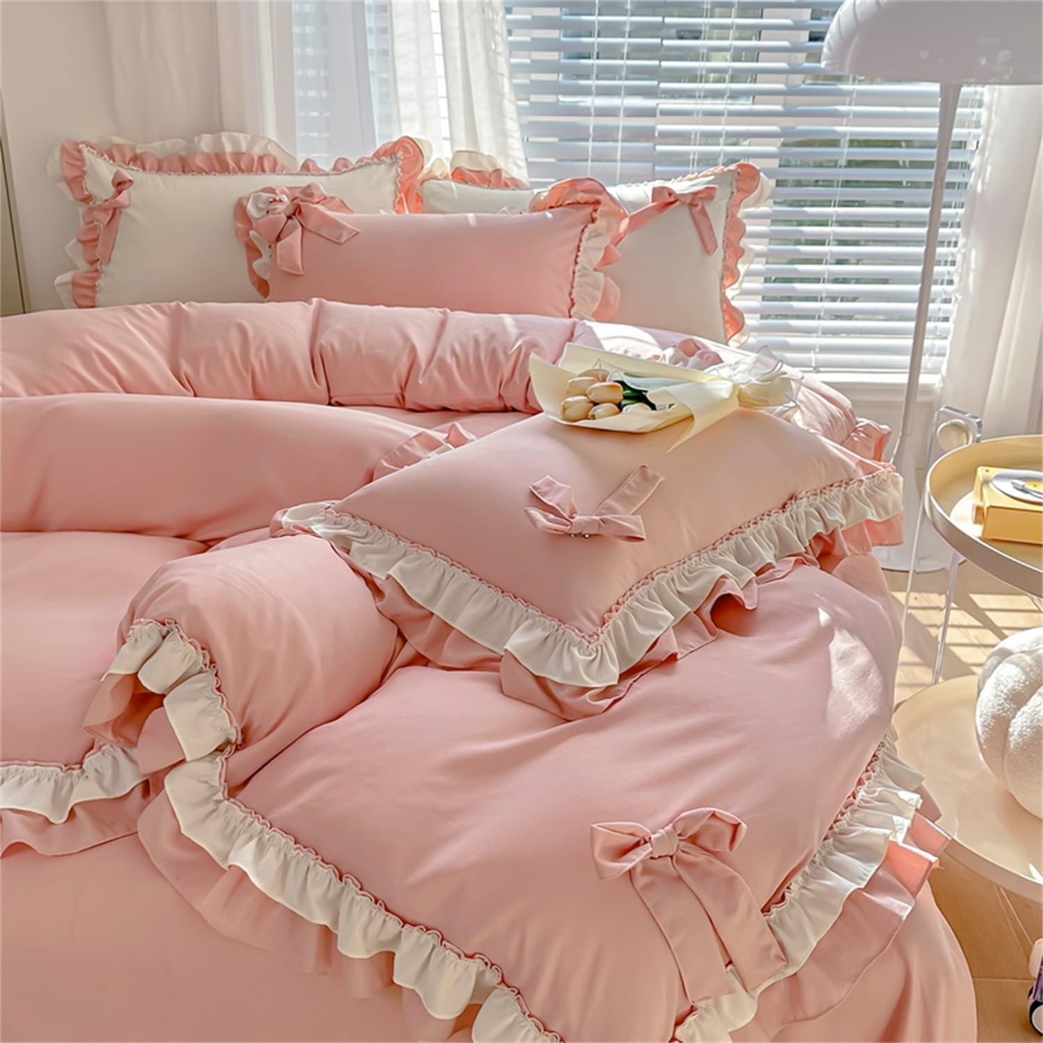 MUGINYU Girls Pink Bow Duvet Cover Full Size,Princess Ruffle Bedding 100% Washed Microfiber 3pcs,Ruffled Duvet Cover Set, Shabby Boho Chic Aesthetic Cute Bed Set Comforter Cover Pink Bow Full(3PCS)