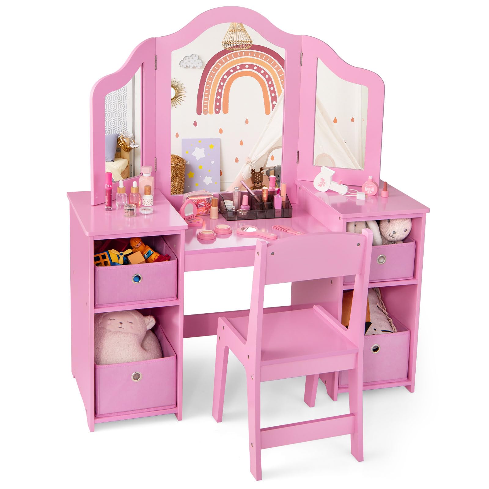 COSTWAY Tocador de Maquillaje Niña con Silla, 2 en 1 Mesa de Maquillaje con Espejo Plegable y Removible, 4 Contenedores de Almacenamiento, Mesa Tocador Infantil de Madera (Rosa, con cajones)