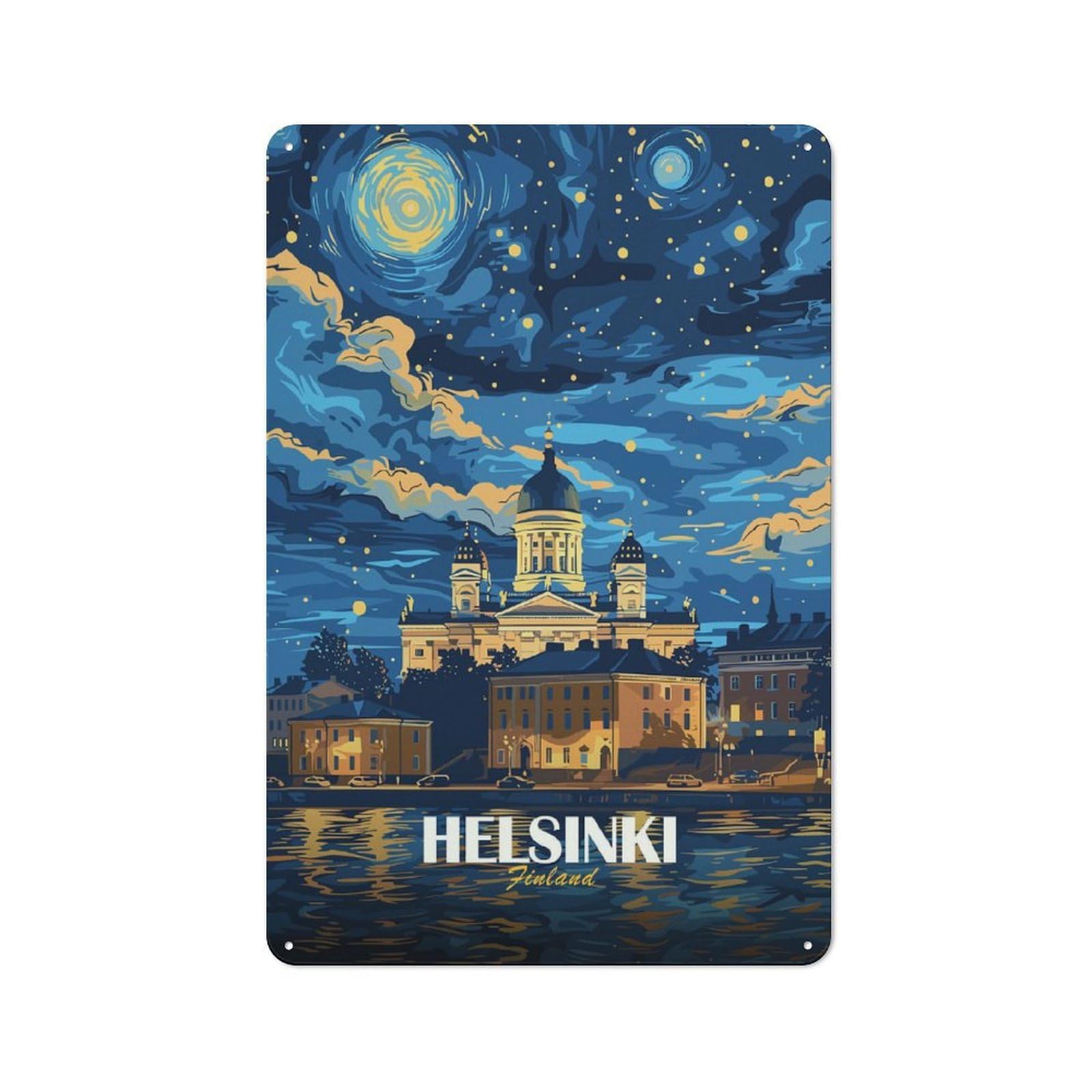 Junmoney Style-13 Helsinki Finland Nightscape Art Outdoor Room Metal Wall Decor 30X20cm, Rustic Tin Sign For Shed, Garden Room, Porch Or Garage