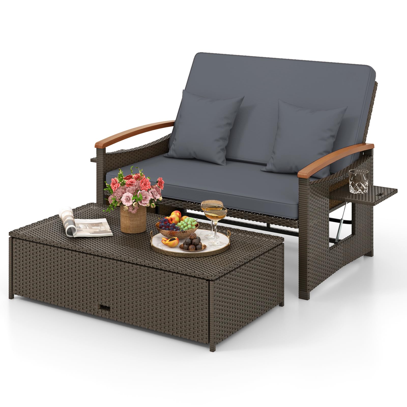GIANTEX Divano da Giardino in Rattan a 2 Posti con Funzione Allungata, Set di Mobili in Rattan con Sgabello, Doppia Sedia a Sdraio per 2 Persone, 3 Colori (Cuscino Grigio)