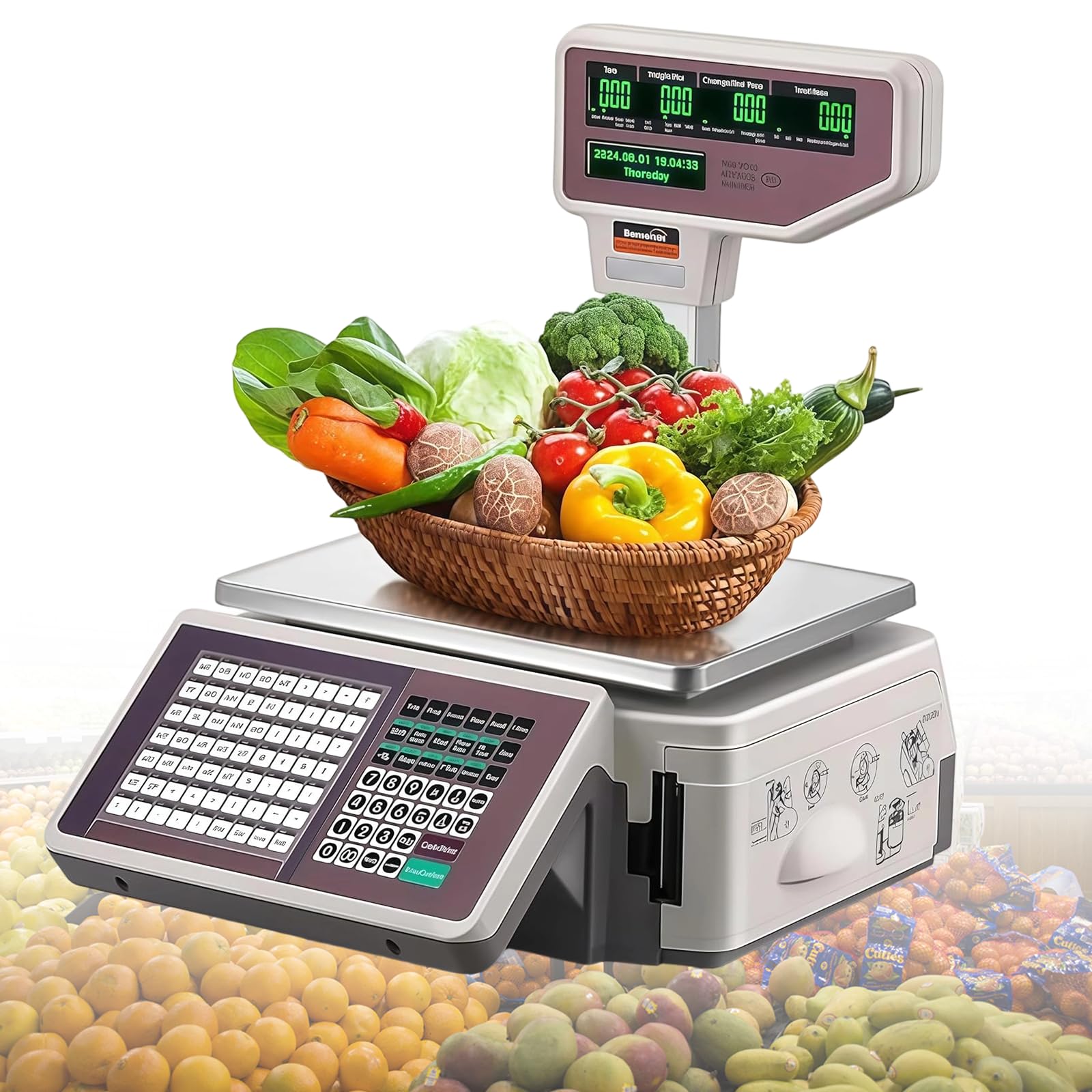 Xjymposium Barcode Label Printing Scale With Receipt Printer, With Thermal Label Printer Pole Display For Supermarket Retail Food Meat Deli Butcher Shop