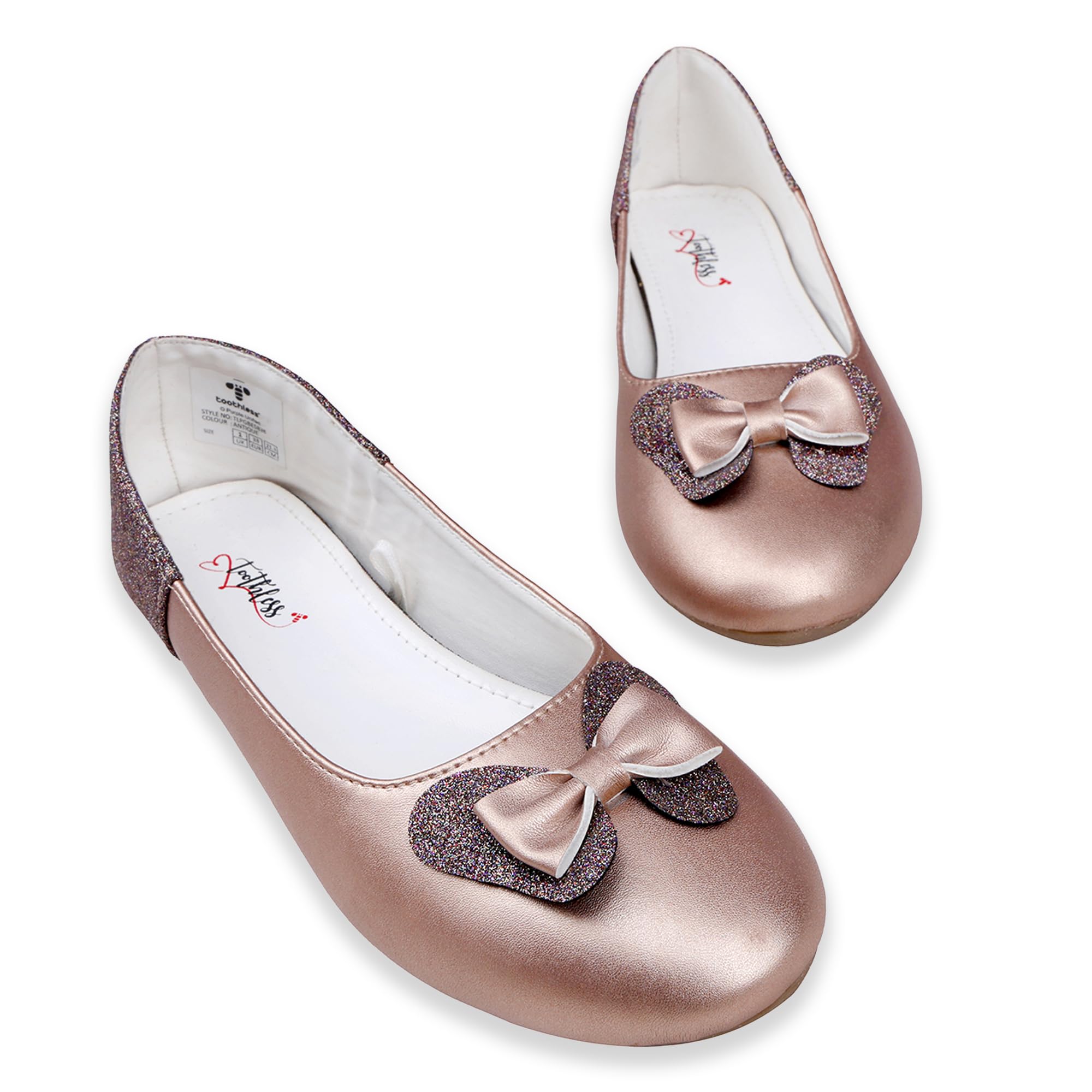 toothless Kids Girls Metallic Ballet Flats | Butterfly Bow Detail | Slip-On Belly Shoes Footwear for Kids | Lightweight & Comfortable