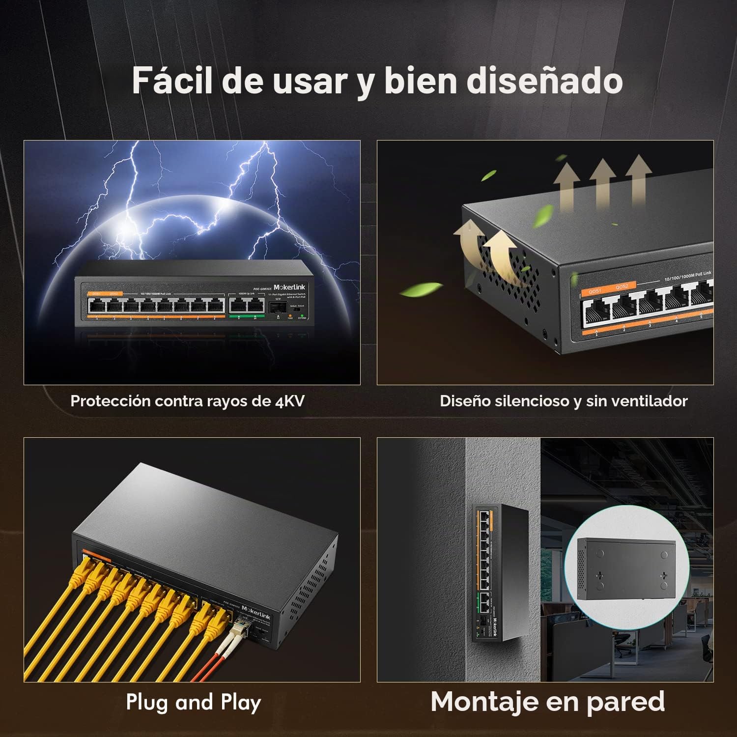 MokerLink 11 Puertos Gigabit PoE Switch con 8 Puertos PoE+, 2 Gigabit Uplink, 1 SFP Puerto, Detección de IA de 120 W, Qos, Conmutador de Red Plug & Play de Metal sin Ventilador