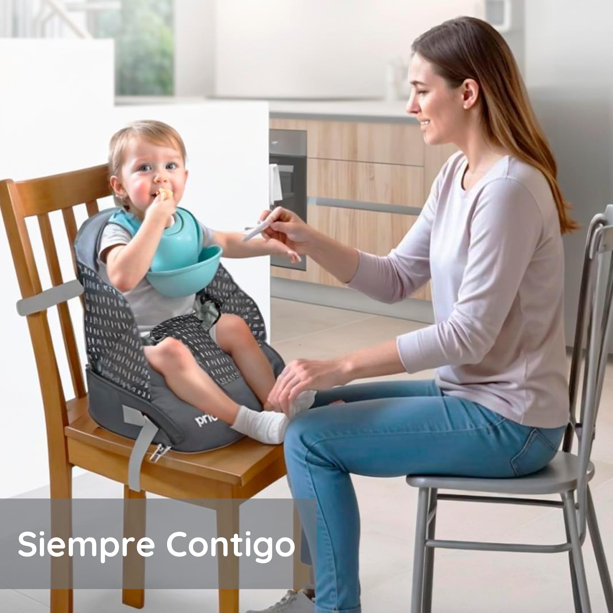 Chaise haute bébé portable Priori ALBI – siège rehausseur sécurisé et pliable, léger et confortable, avec harnais de sécurité, idéal pour les repas et les déplacements (Gris)