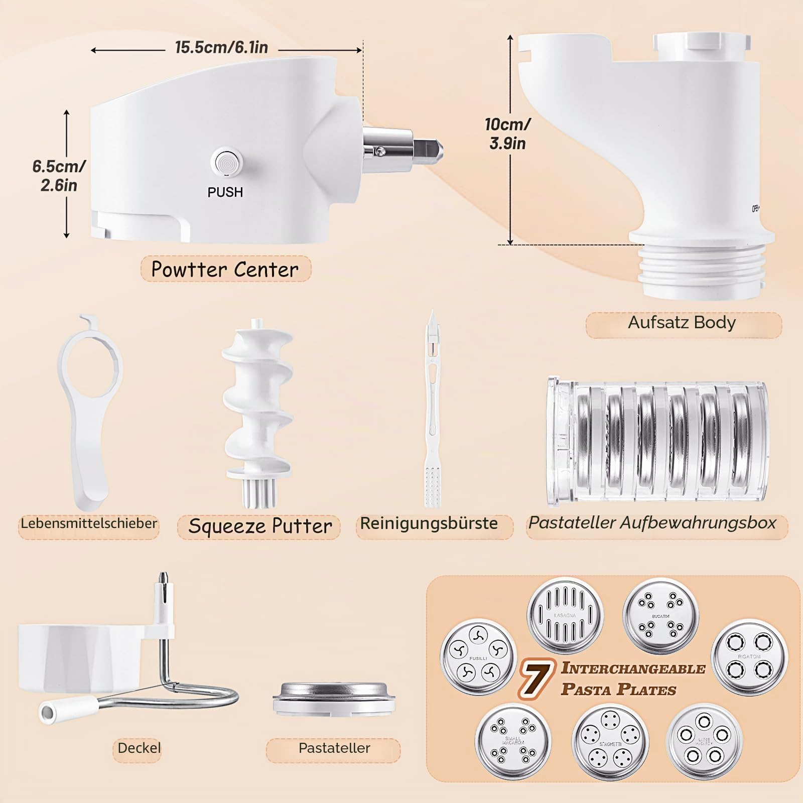 Gourmet Pasta Maker Aufsatz für KitchenAid Standmixer | 7 austauschbare Nudelplatten, für Spaghetti, Fusilli, Makkaroni, Bucatini und Rigatoni, Nudelpresse im neuen Buckle Design