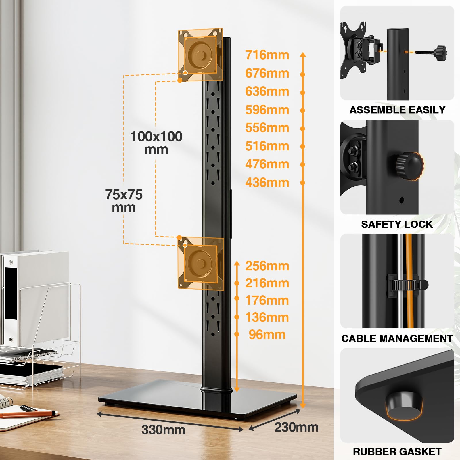 Support Double Écran PC 13-38 Pouces, Support Vertical Bureau VESA 75x75/100x100 mm 20 kg