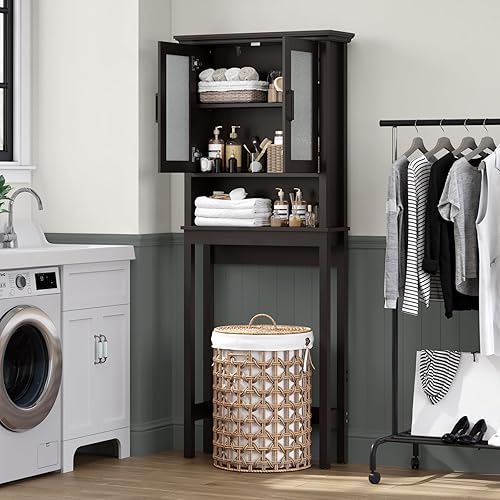 Miniatura 7 de Armario de Almacenamiento Sobre el Inodoro, Organizador de Baño Sobre el Inodoro con Puertas de Vidrio y Estante Ajustable, Marco Reforzado Armario