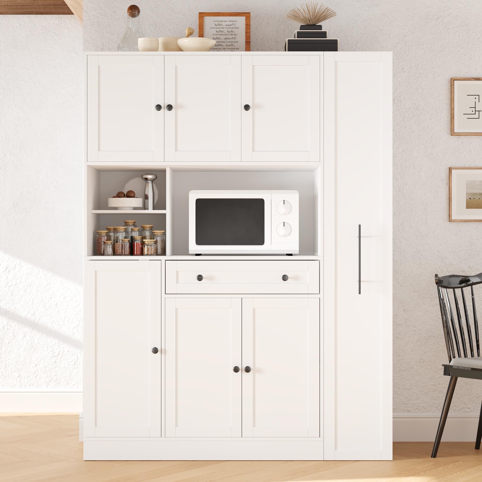 Modern 70inch Kitchen Pantry Storage Cabinet Cupboard with Hutch, Freestanding Buffet with Pull-Out Side Cabinet and Drawer for Living Room, Kitchen (White-99a)